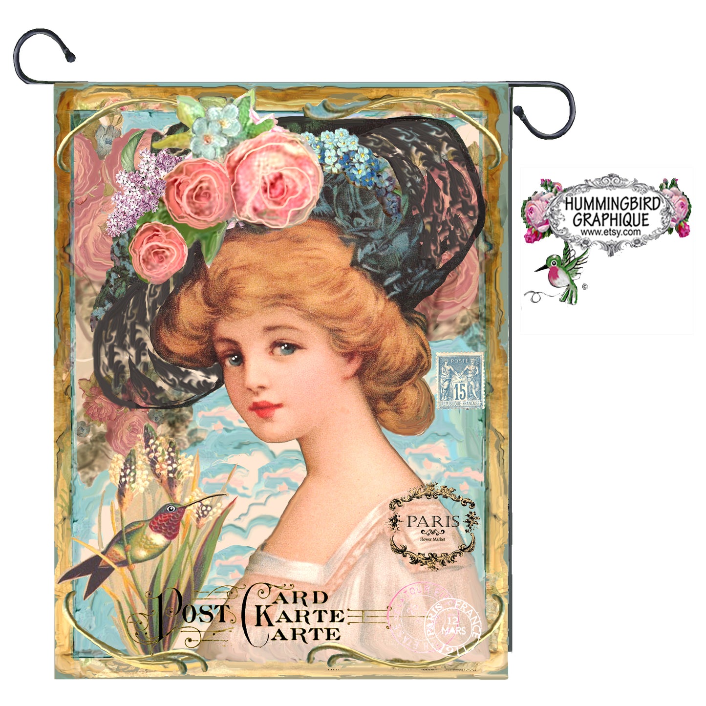#183 BEAUTIFUL GIRL IN HAT AND HUMMINGBIRD - BEAUTIFUL SHABBY IMAGE