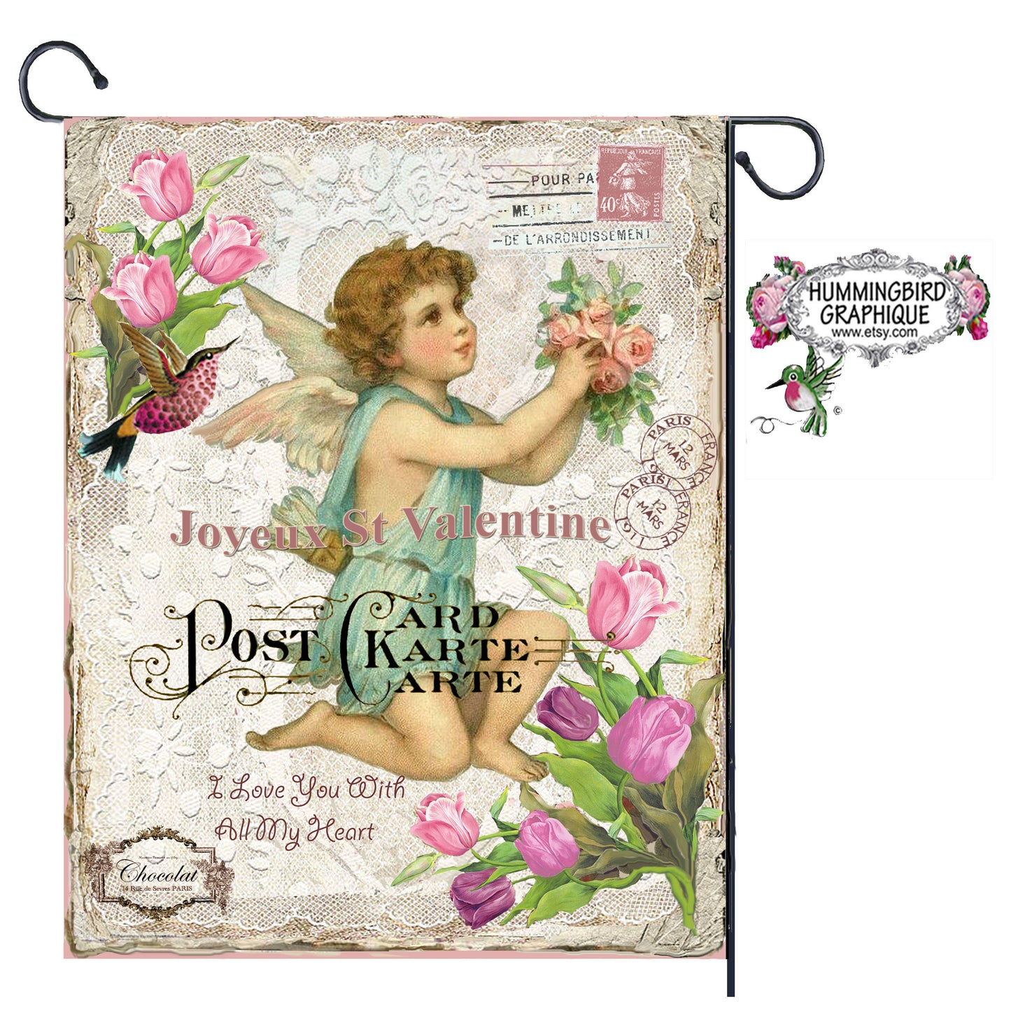 #199 BEAUTIFUL CUPID VALENTINE WITH TULIPS AND HUMMINGBIRD- BEAUTIFUL SHABBY IMAGE