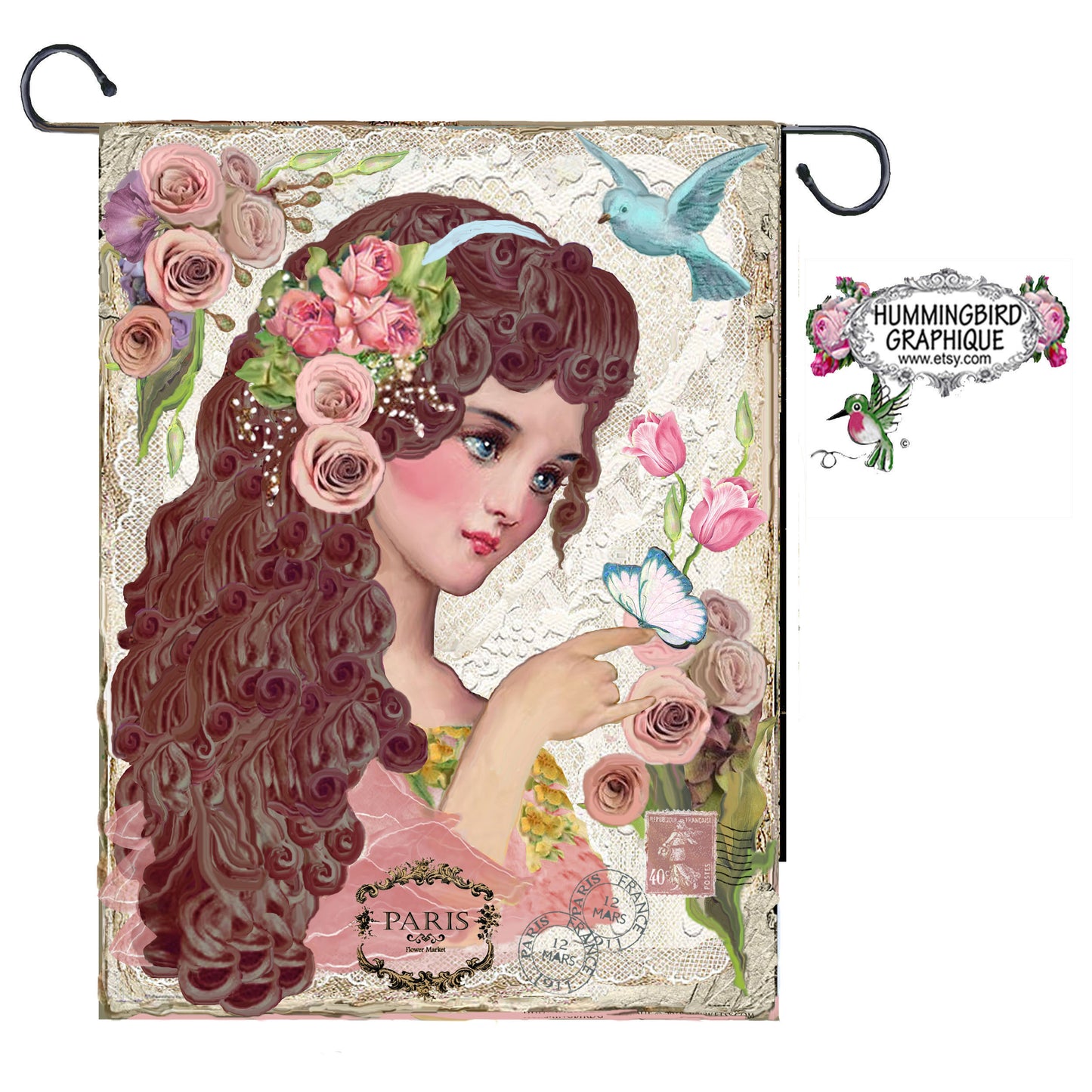 #212 BEAUTIFUL GIRL WITH BLUEBIRD AND BUTTERFLY - BEAUTIFUL SHABBY IMAGE