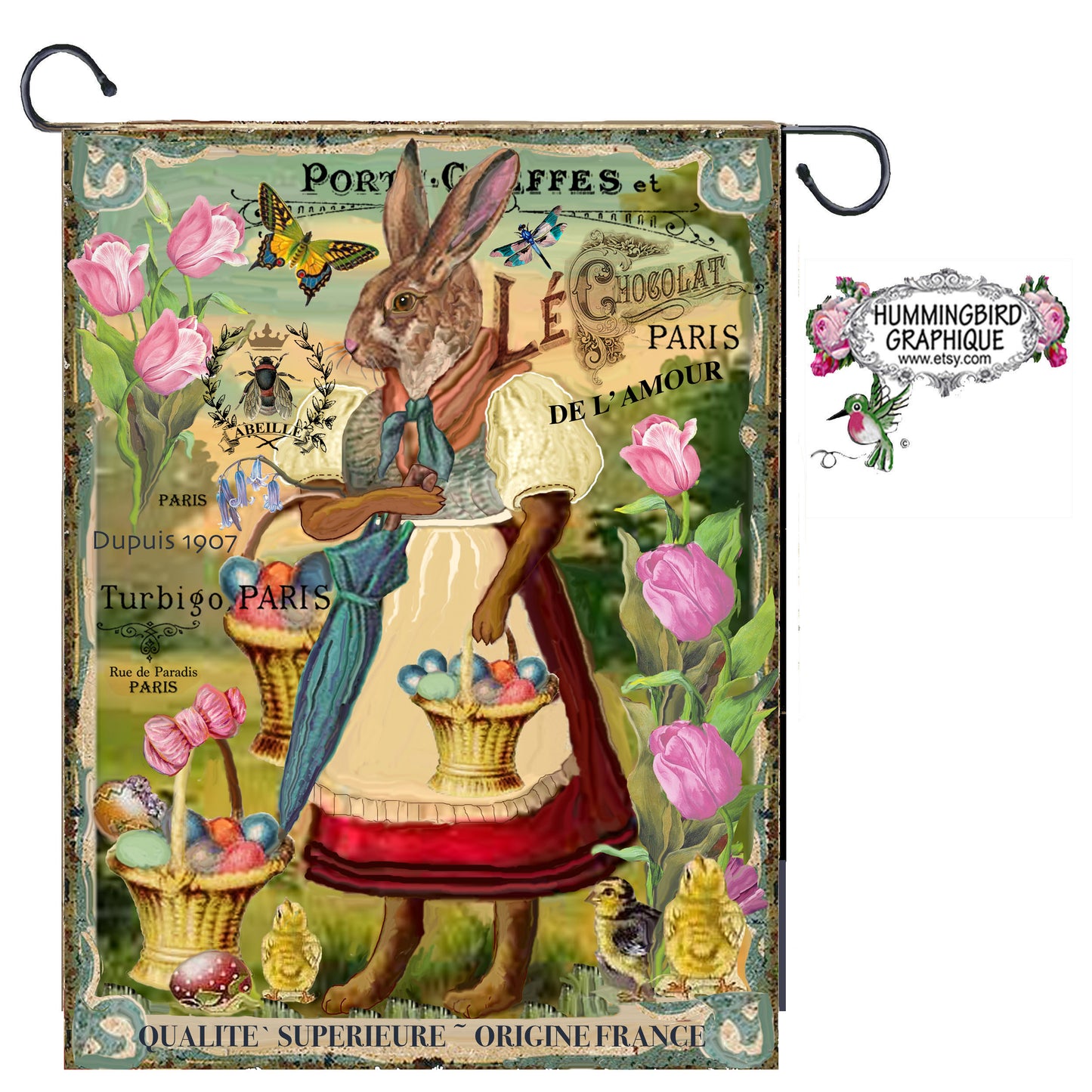 #228 LAPIN VINTAGE AVEC PANIER DE PÂQUES ET POUSSINS - LAPINS