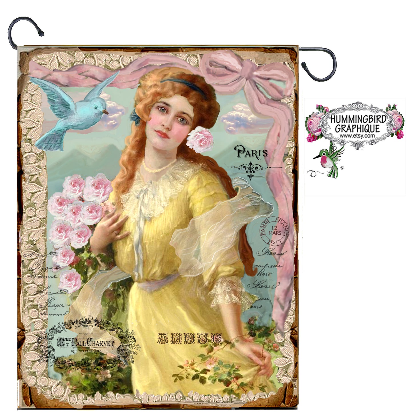 #271 BELLE DAME EN JAUNE AVEC DES ROSES ET UN MERLE BLEU - BELLE IMAGE SHABBY