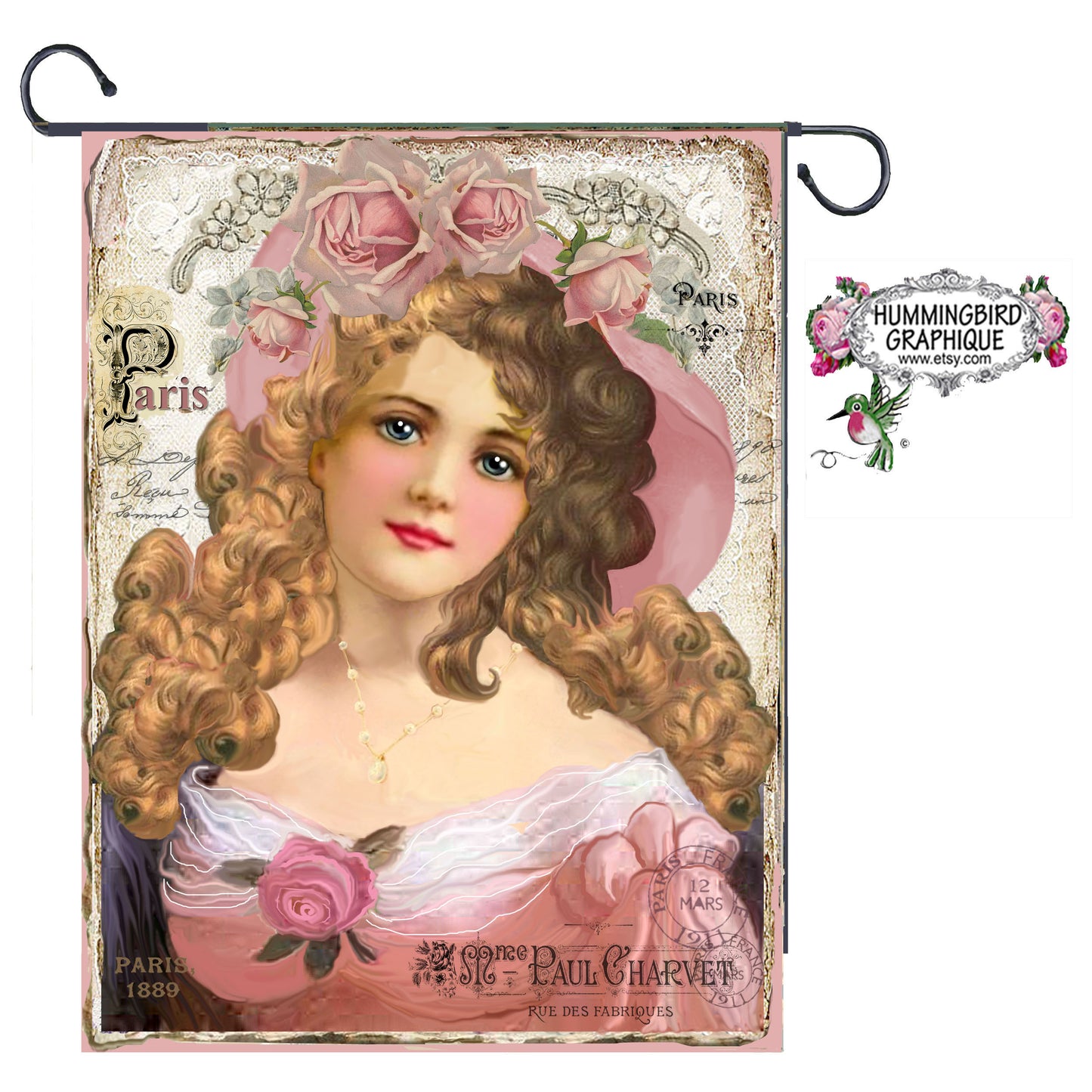 #306 BELLE FILLE DE JARDIN ROSES AU CHAPEAU ROSE - BELLE IMAGE SHABBY