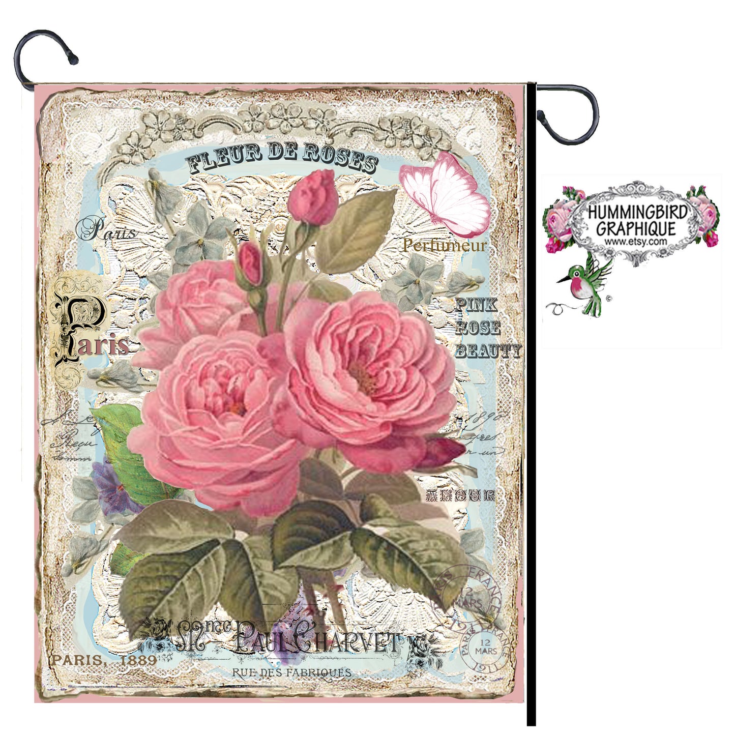 #312 BEAUTIFUL PINK ROSE BEAUTY WITH BUTTERFLY -BEAUTIFUL SHABBY IMAGE