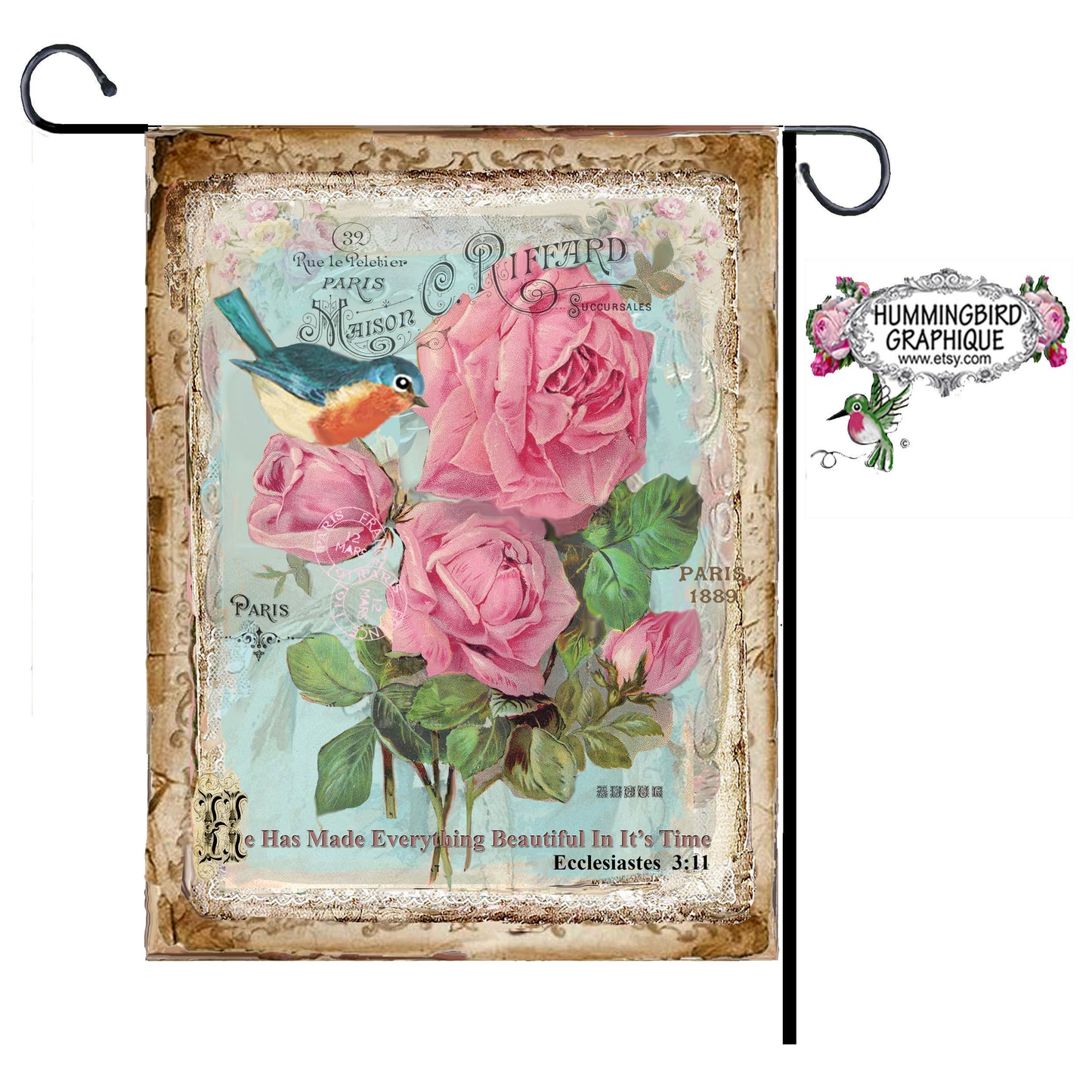 #357 BEAUTIFUL PINK ROSES AND BLUEBIRD - BEAUTIFUL SHABBY IMAGE