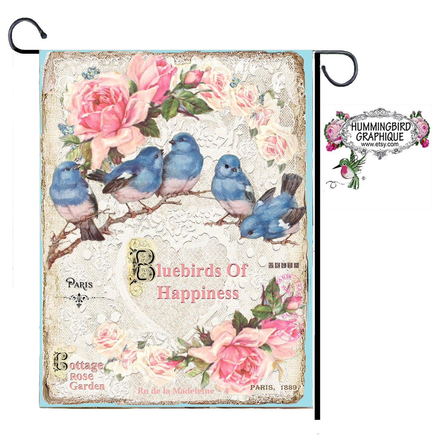 #398 BLUEBIRDS OF HAPPINESS COTTAGE ROSE GARDEN- BEAUTIFUL SHABBY IMAGE