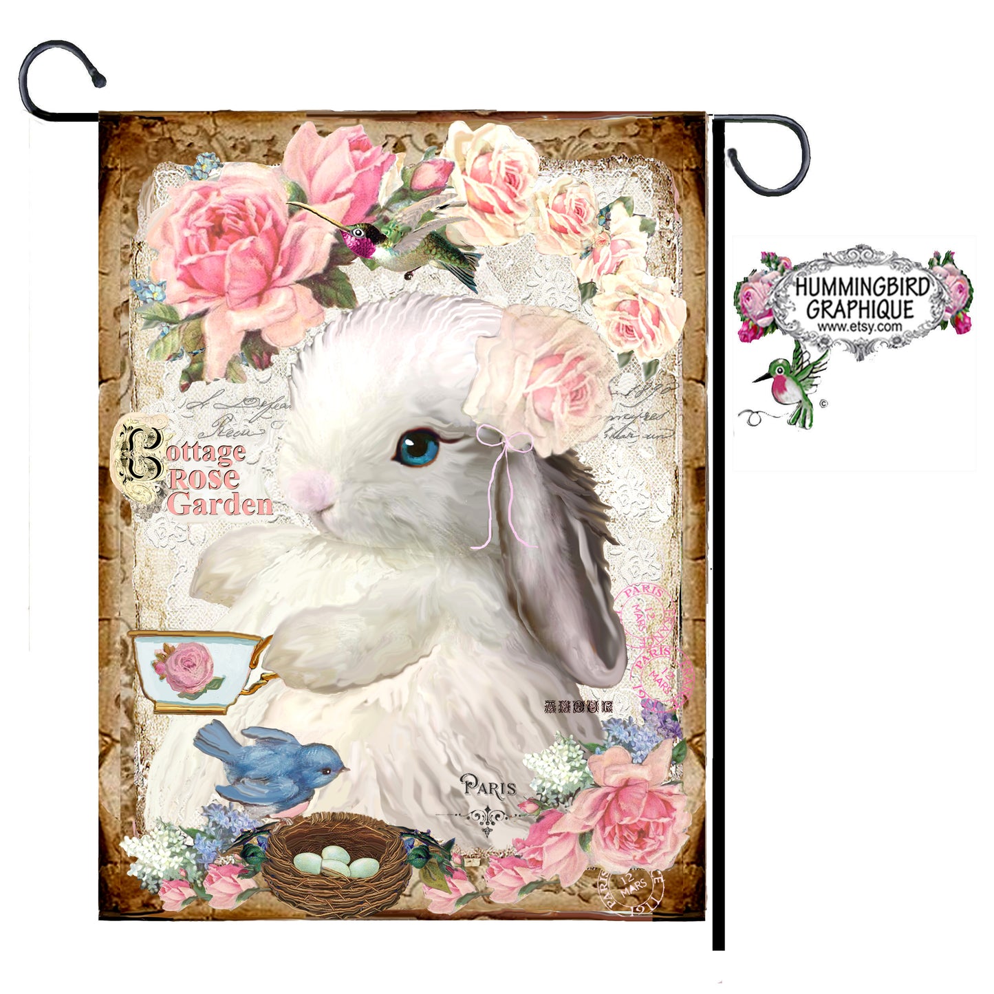 #402 BÉBÉ LAPIN DANS UNE ROSERAIE AVEC UN MERLE BLEU ET DES OEUFS - LAPINS