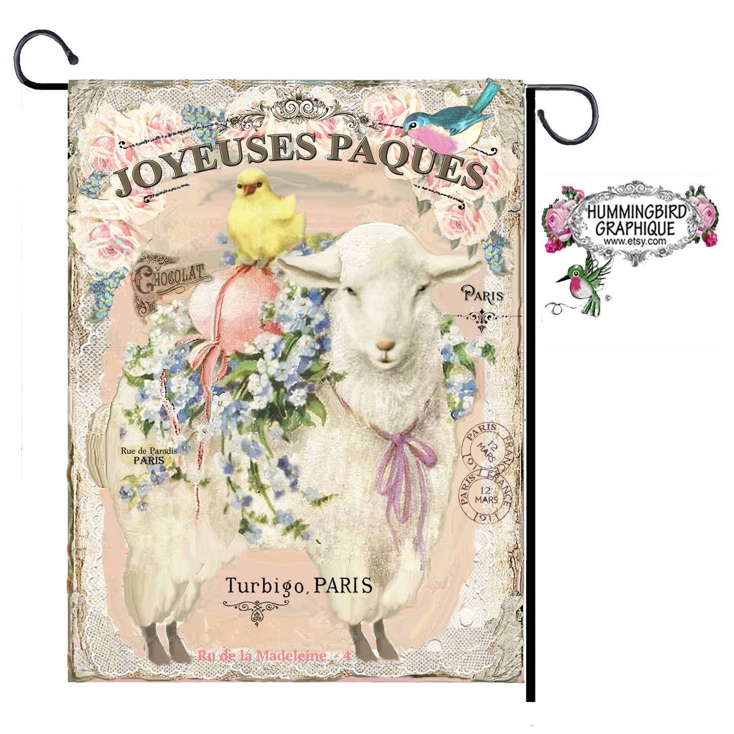 #409 BEAUTIFUL EASTER LAMB WITH BLUEBIRD - BEAUTIFUL SHABBY IMAGE