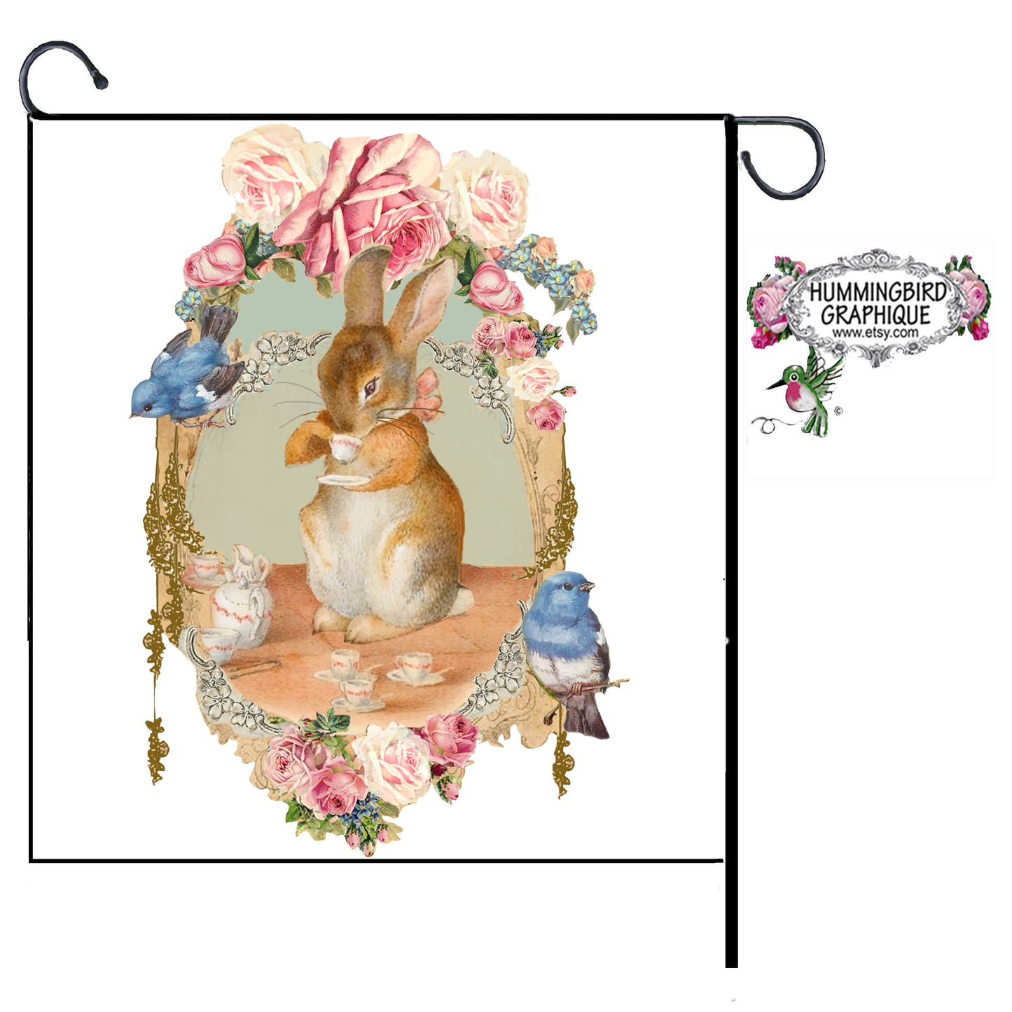#413 BEATRIX POTTER BUNNY DANS UN OVALE AVEC DES OISEAUX BLEUS ET DES ROSES - LAPINS