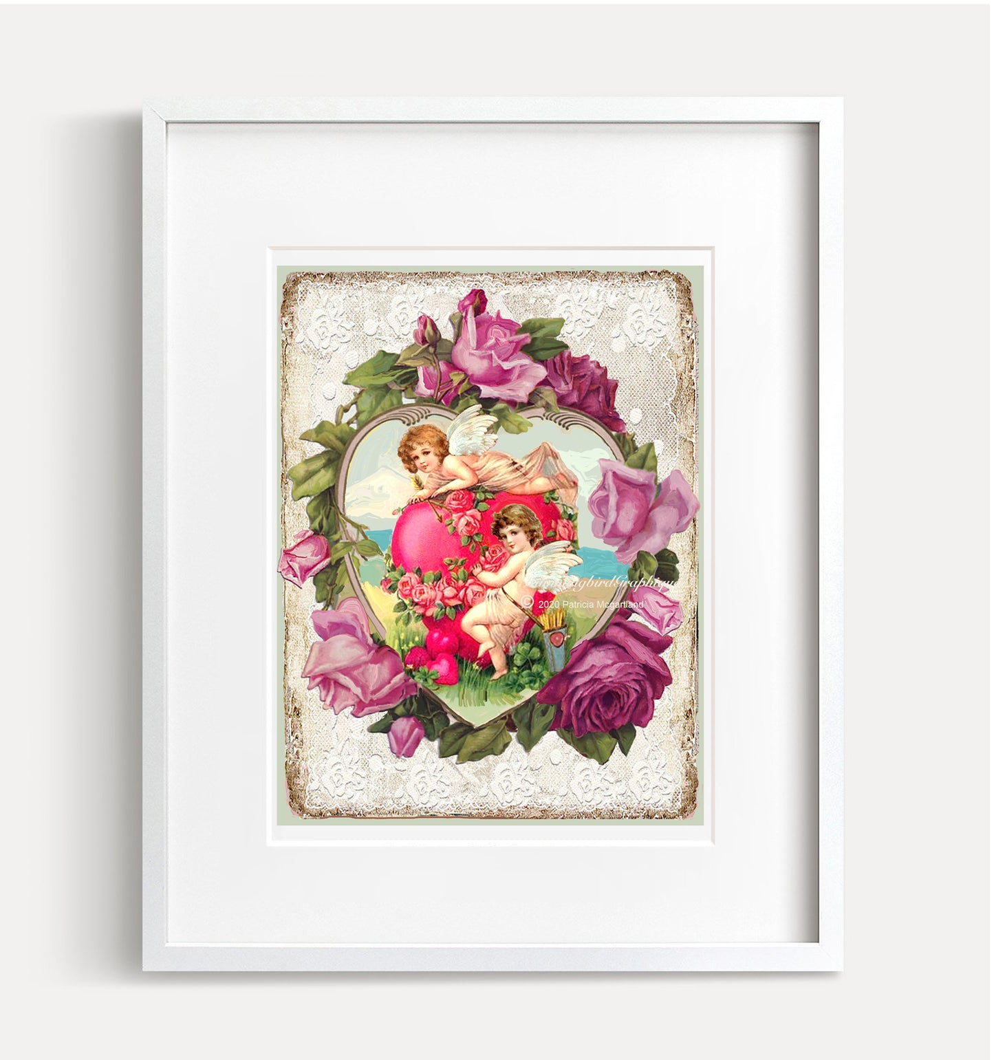 #583 PRECIOUS CUPIDS IN HEART WITH ROSES AND LACE - BEAUTIFUL SHABBY IMAGE