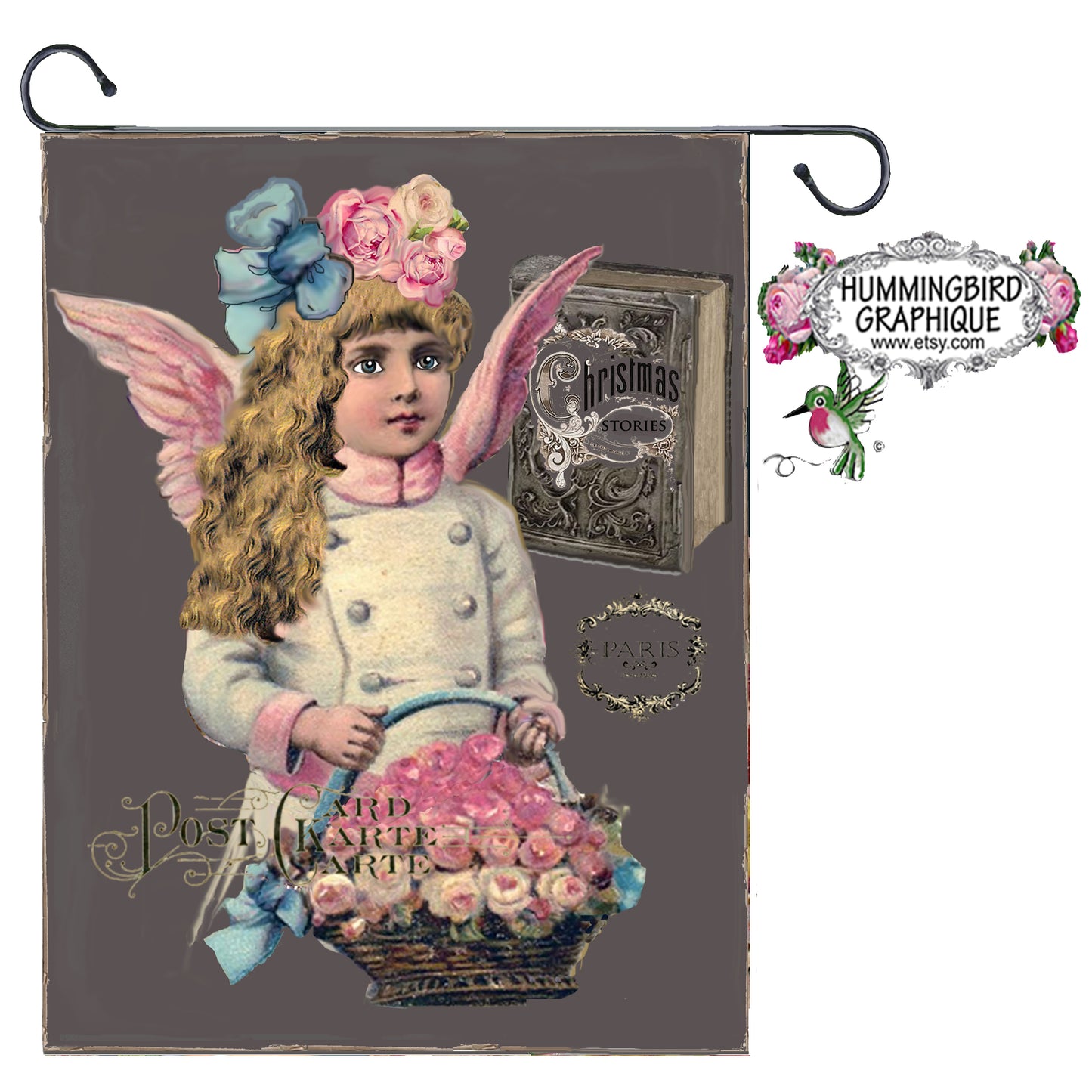 #69 CHALKBOARD BEAUTIFUL ANGEL WITH BASKET OF ROSES AND CHRISTMAS BOOK - BEAUTIFUL SHABBY IMAGE