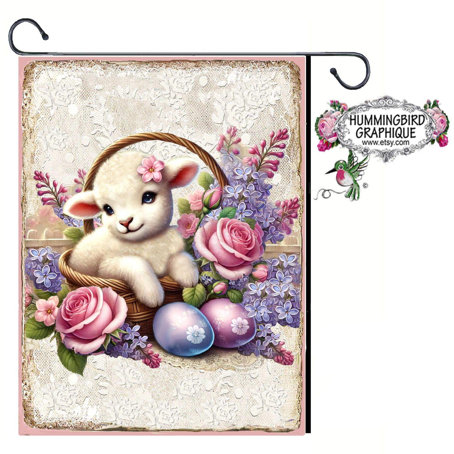 #1222LL BEAUTIFUL BABY LAMB WITH ROSES LILACS EASTER EGGS AND EASTER BASKET - BEAUTIFUL SHABBY IMAGE