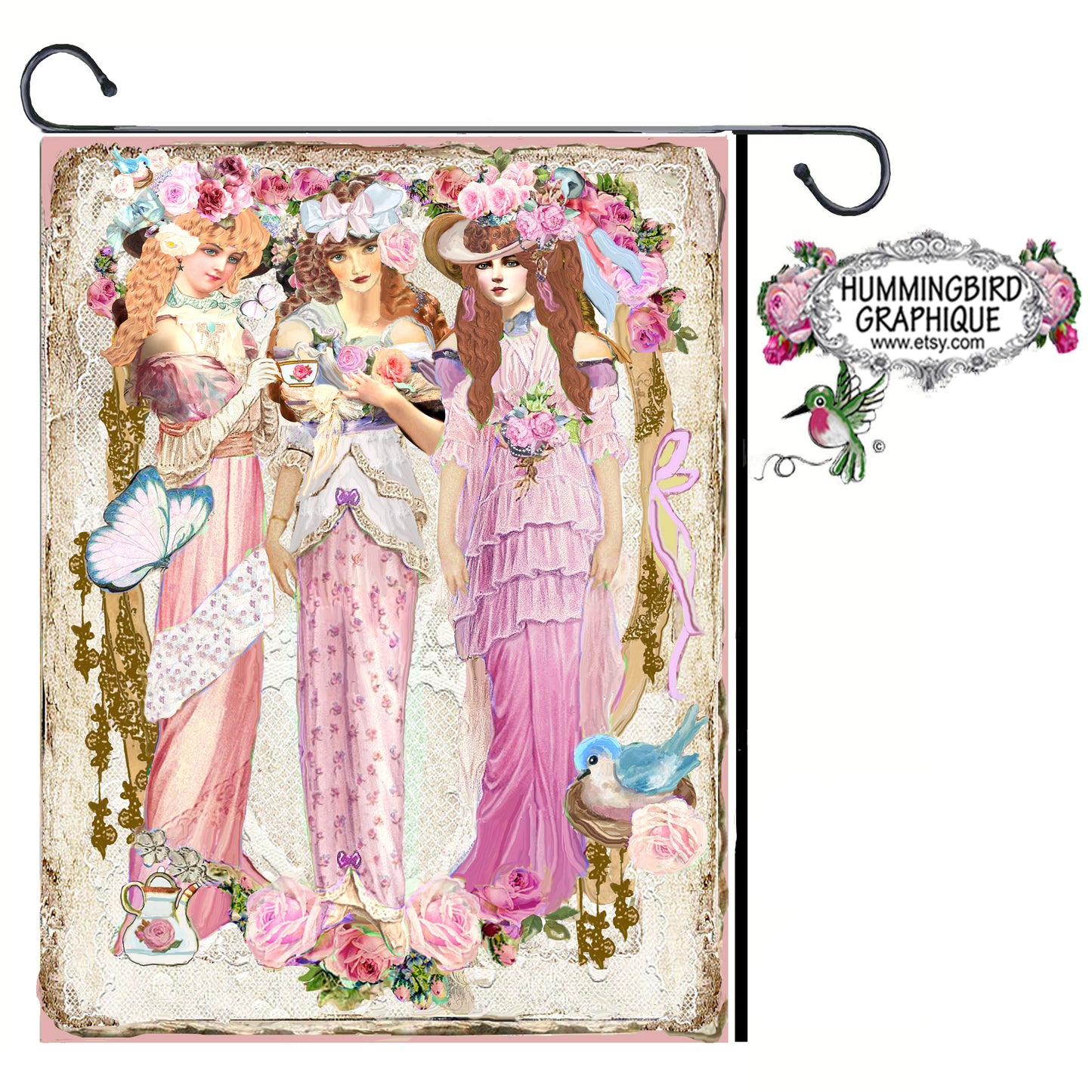 #1216X BEAUTIFUL ELEGANT VICTORIAN LADIES TEATIME WITH BLUEBIRD AND ROSES - BEAUTIFUL SHABBY IMAGE