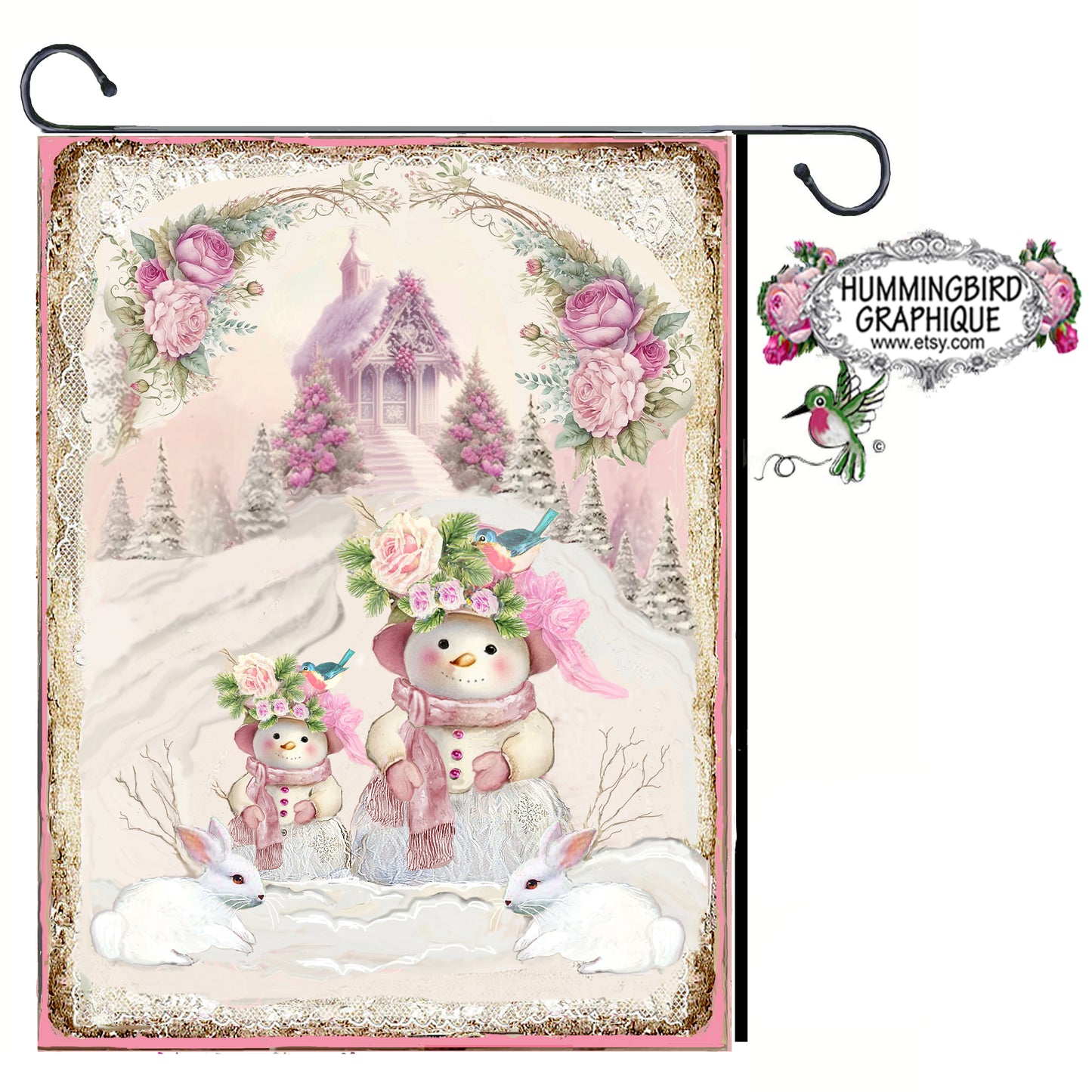 #1216Z ENCHANTING SNOWGIRLS WITH WHITE BUNNIES ON A SNOWY DAY - CHRISTMAS