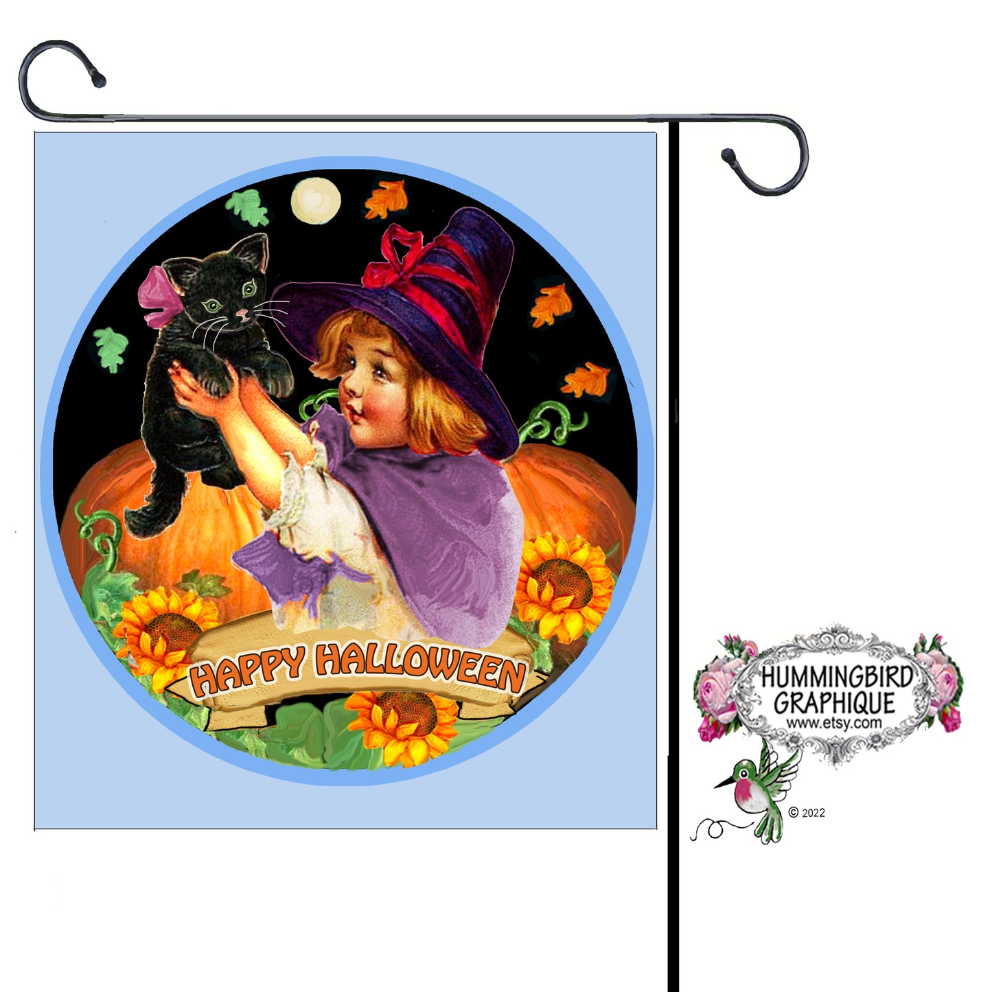 #1138 JOYEUX HALLOWEEN PETITE FILLE ET SON CHAT NOIR - ACCROCHE-PORTE