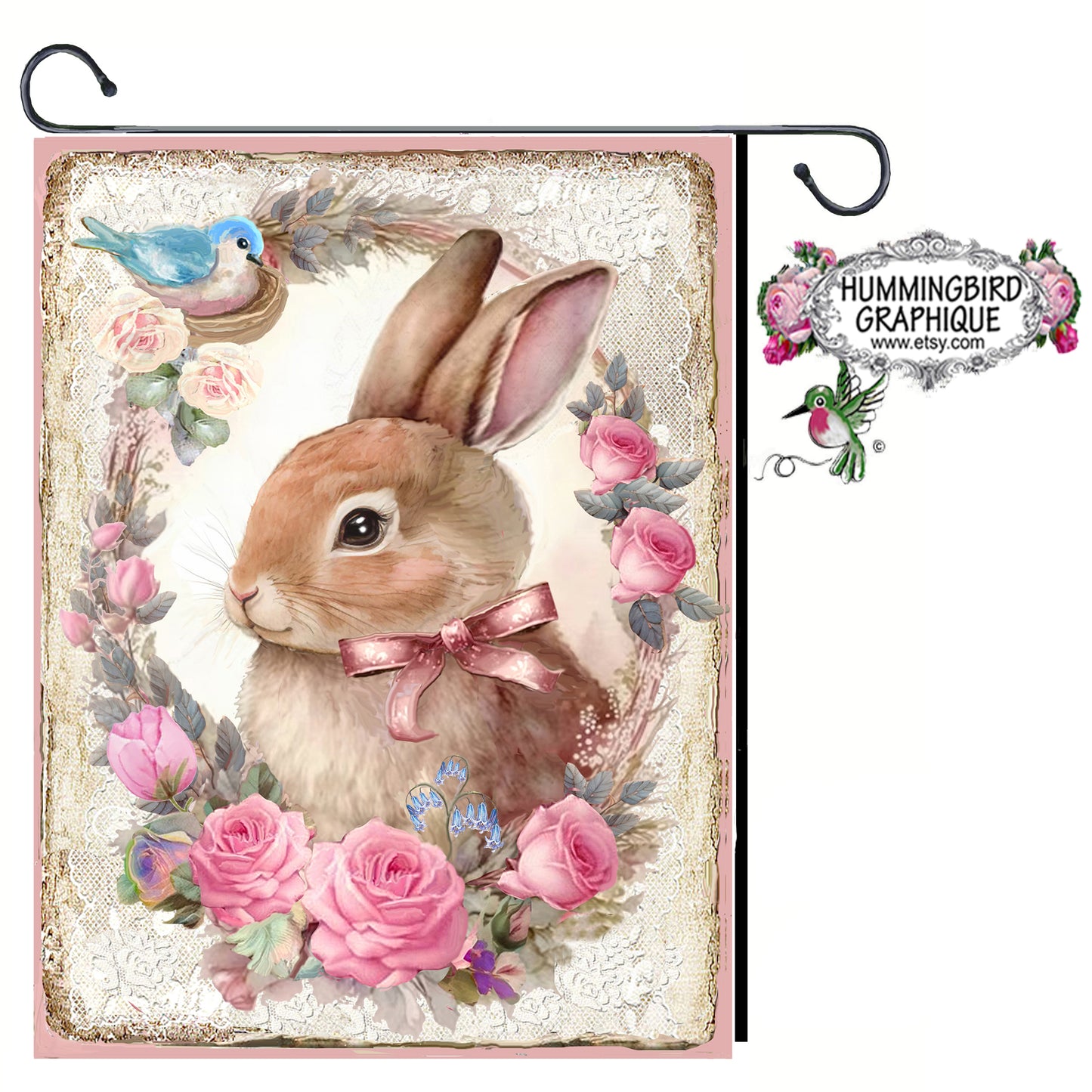 #1225 PRECIOUS BUNNY WITH BLUEBIRD IN NEST WITH ROSES - BUNNIES
