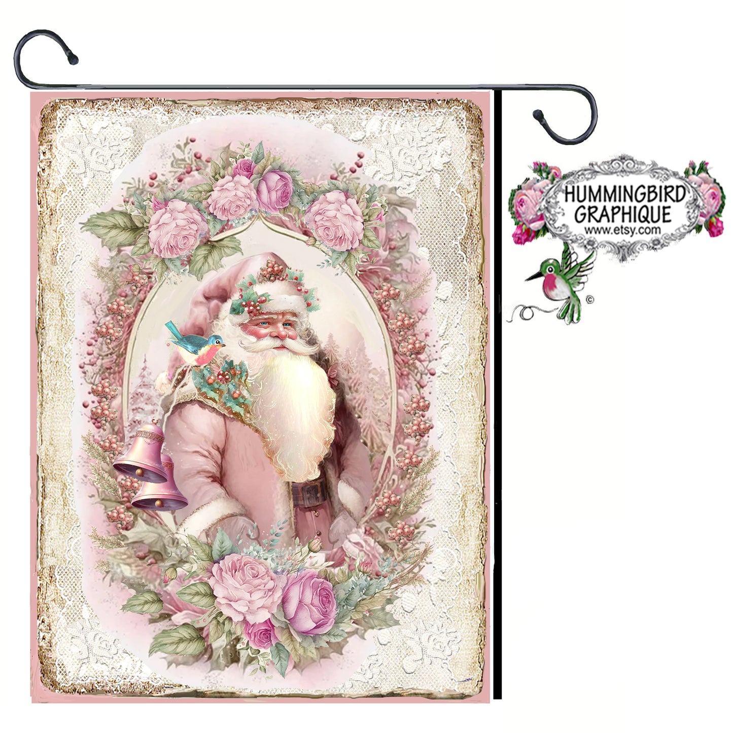 #1222L BEAU PÈRE NOËL D'ANCIEN TEMPS AVEC CLOCHETTES, MERLE BLEU ET ROSES - NOËL