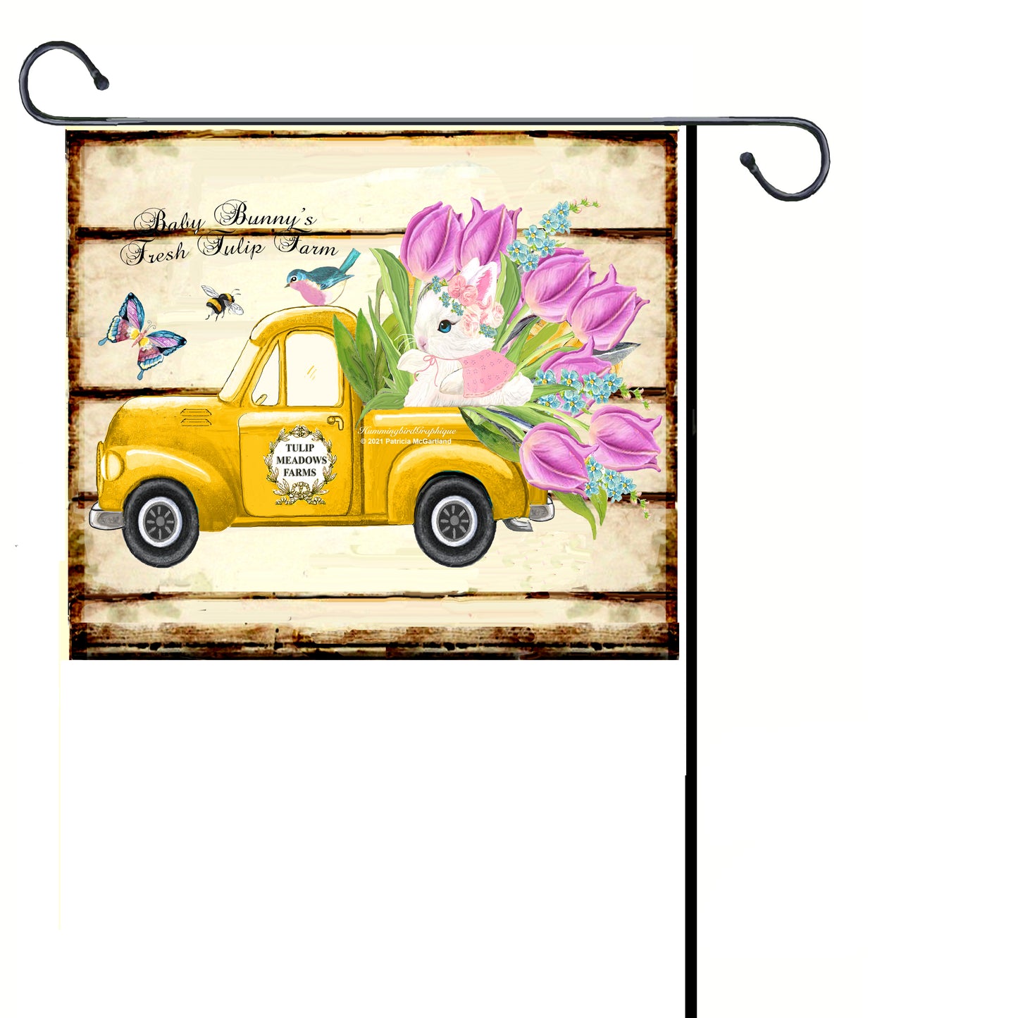 #1001 CAMION DE FERME PRÉCIEUX BÉBÉ LAPIN AVEC TULIPES BLUEBIRD PAPILLON ET ABEILLE - IMAGE DE CAMPAGNE