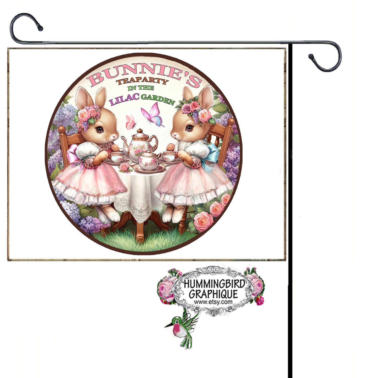 #1238 ACCROCHE-PORTE BUNNIES TEAPARTY DANS LE JARDIN DES LILAS - ACCROCHE-PORTE CERCLE