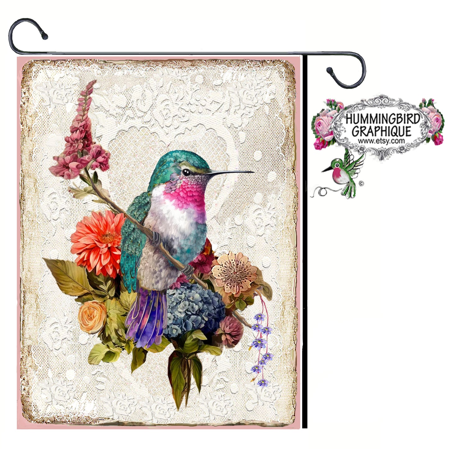 #1206 BEAUTIFUL HUMMINGBIRD FLOWERS AND LACE - BEAUTIFUL SHABBY IMAGE