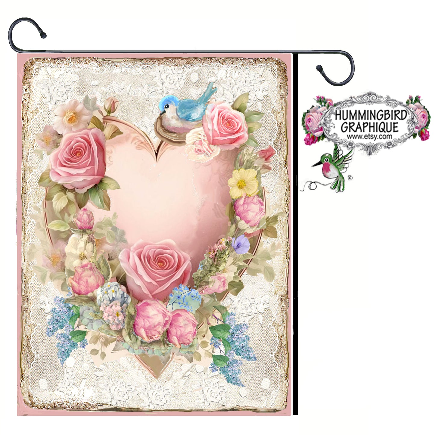 #1231 BEAUTIFUL LACE HEART VALENTINE WITH BLUEBIRD AND NEST - BEAUTIFUL SHABBY IMAGE