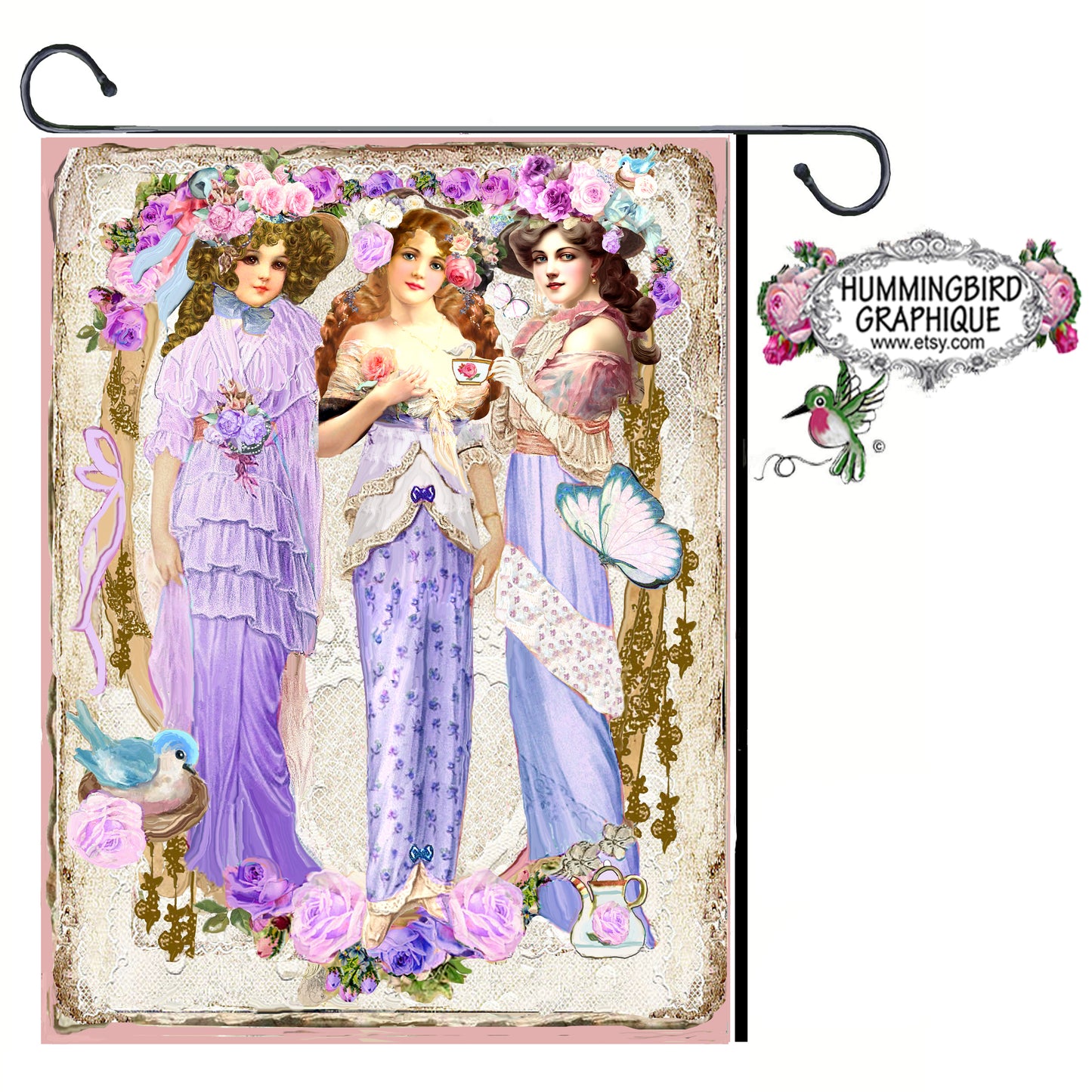 #1207 ELEGANT VICTORIAN LADIES TEATIME IN LAVENDER WITH ROSES AND BLUEBIRD - BEAUTIFUL SHABBY IMAGE