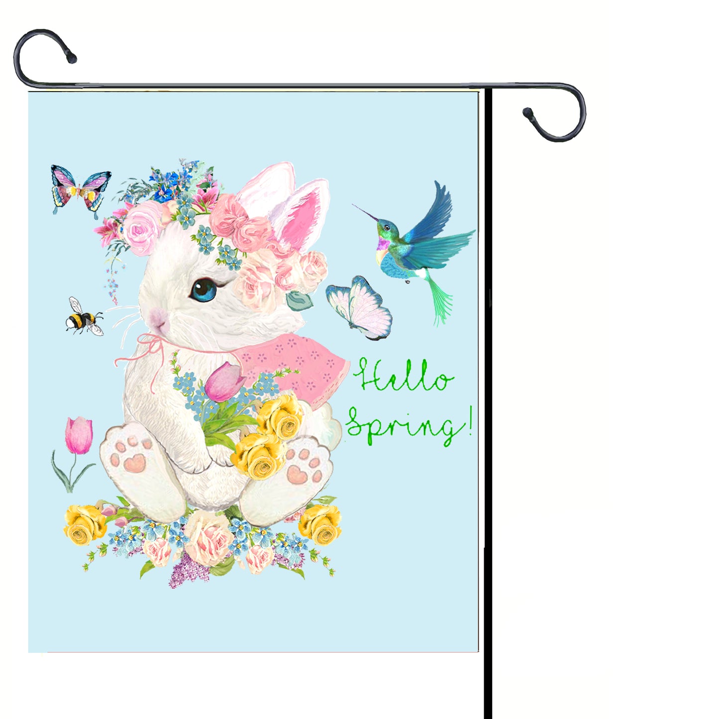 #1004 PRÉCIEUX BÉBÉ LAPIN BONJOUR LE PRINTEMPS AVEC COLIBRI TULIPE JONQUILLES ET ABEILLE