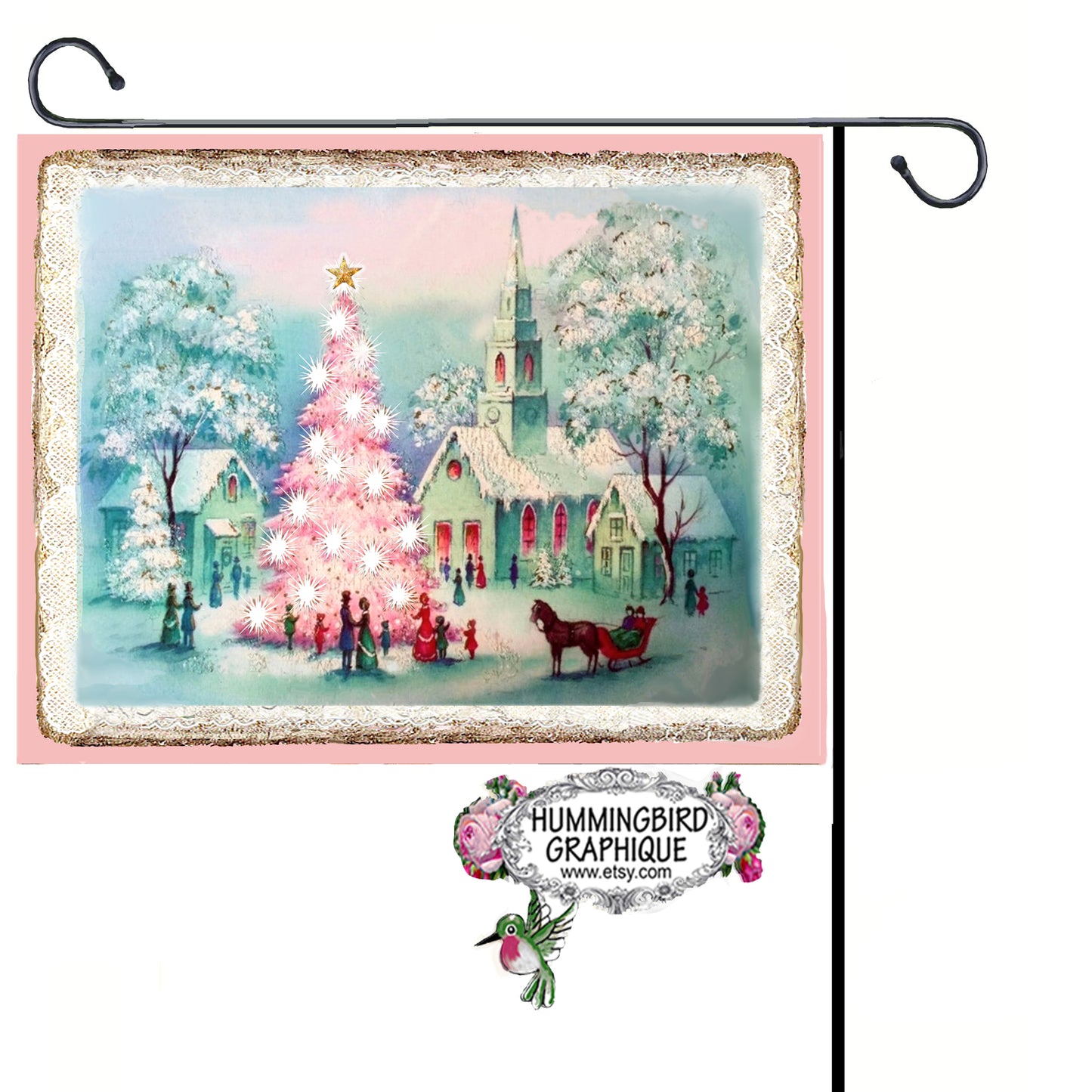 #1153 BEAUTIFUL SNOWY EVENING WITH PINK CHRISTMAS TREE IN VILLAGE TOWN - CHRISTMAS