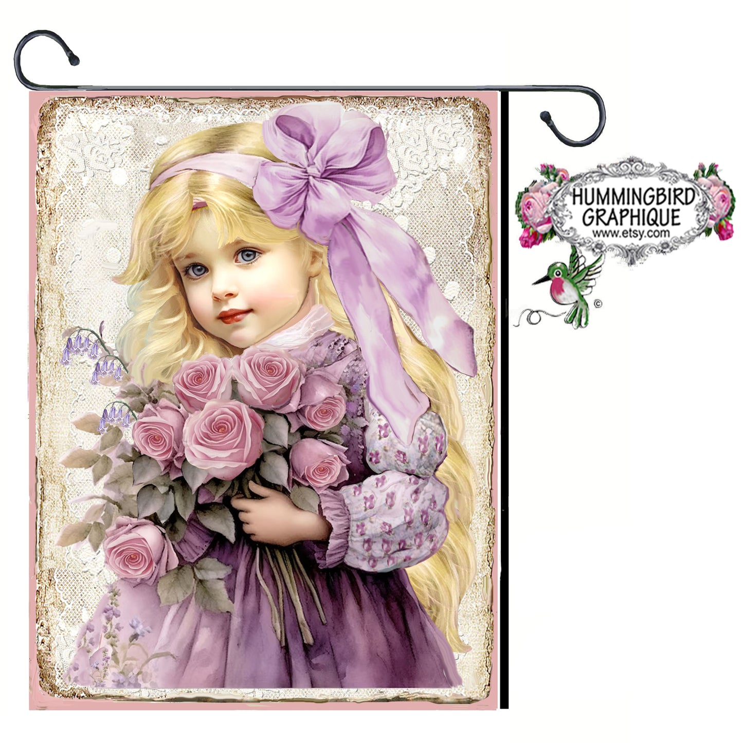 #1233 BEAUTIFUL LITTLE VICTORIAN GIRL WITH ROSES AND BLUEBELLS - BEAUTIFUL SHABBY IMAGE
