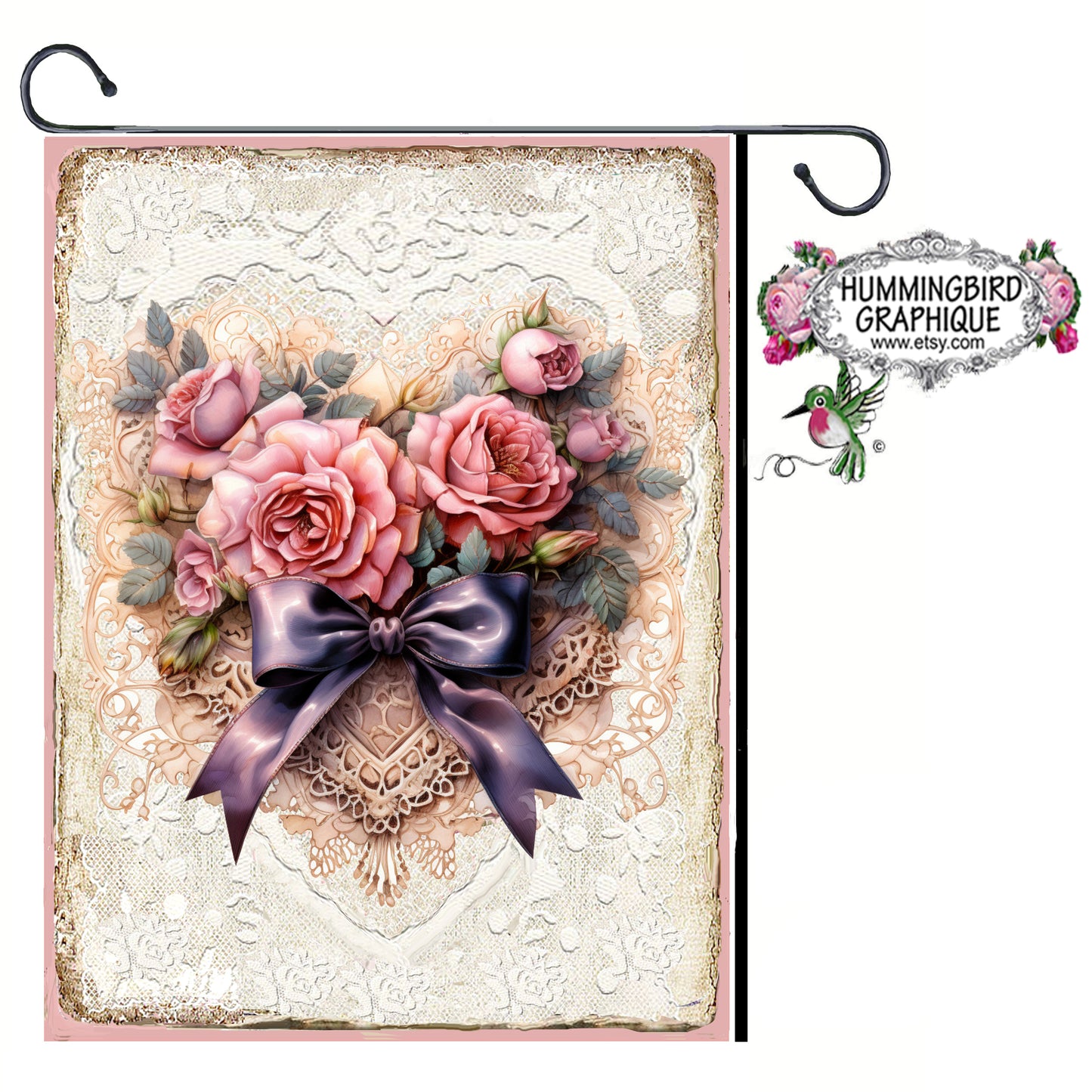 #1224 BEAUTIFUL VALENTINE LACE HEART WITH ROSES AND BOW - BEAUTIFUL SHABBY IMAGE