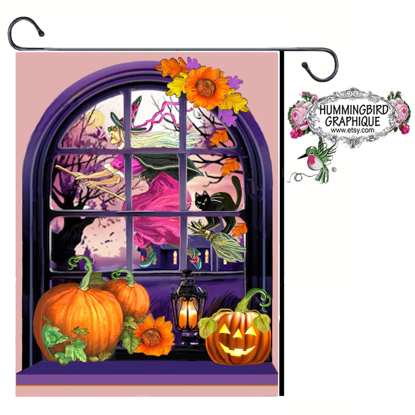 #1210 MÉCHANTE SORCIÈRE DANS UNE FENÊTRE VIOLETTE SUR SON BALAI ET SON CHAT NOIR - RÉCOLTE D'AUTOMNE