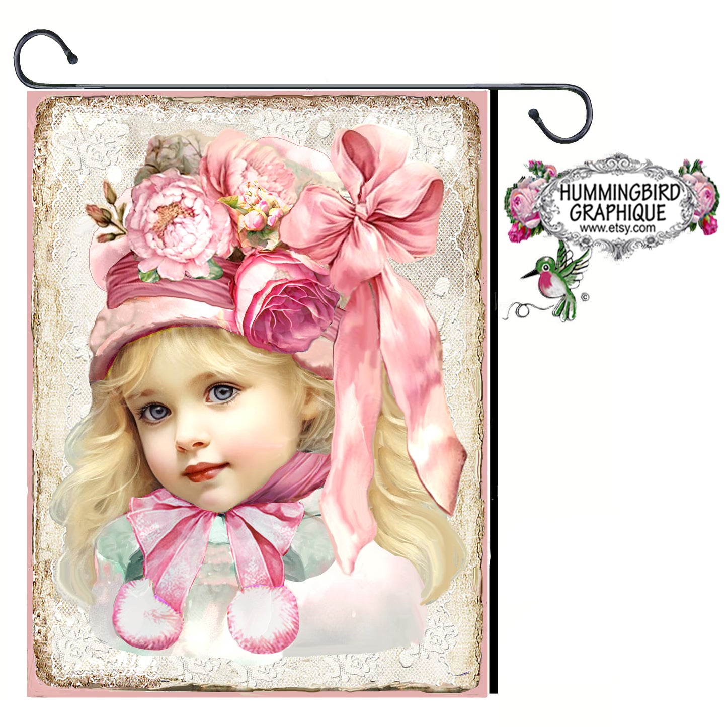 #1223 PRECIOUS LITTLE GIRL IN BOW ROSES PEONY BONNET- BEAUTIFUL SHABBY IMAGE