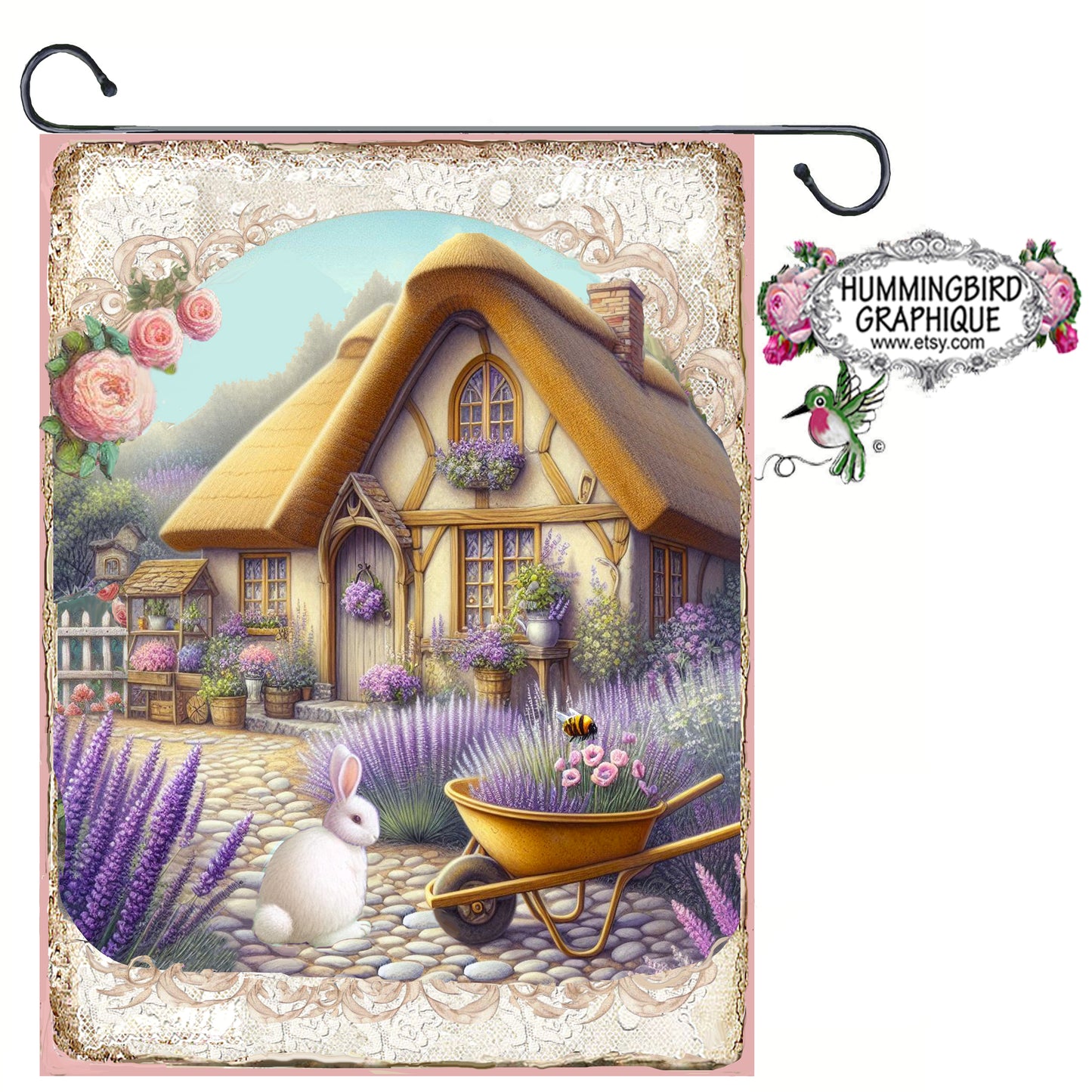 #1257 BUNNY IN MY LAVENDER COTTAGE GARDEN - Beautiful Shabby Image