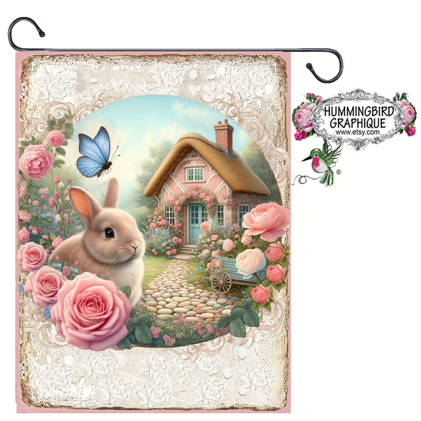 #1253 BEAUTIFUL BUNNY AND ROSES IN MY GARDEN COTTAGE - BEAUTIFUL SHABBY IMAGE
