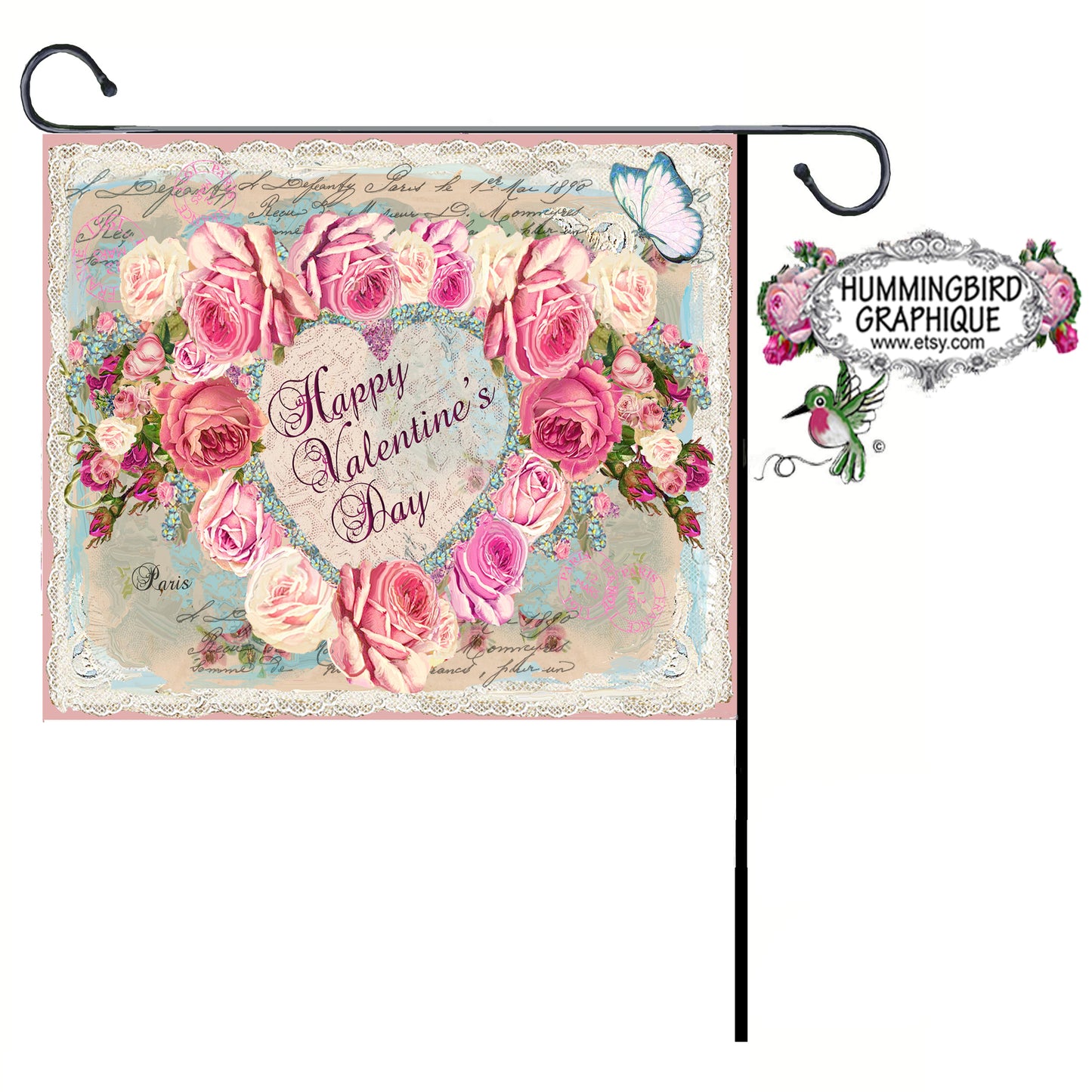 #600 BEAUTIFUL VALENTINE COTTAGE ROSE GARDEN HEART OF ROSES AND HUMMINGBIRD - BEAUTIFUL SHABBY IMAGE