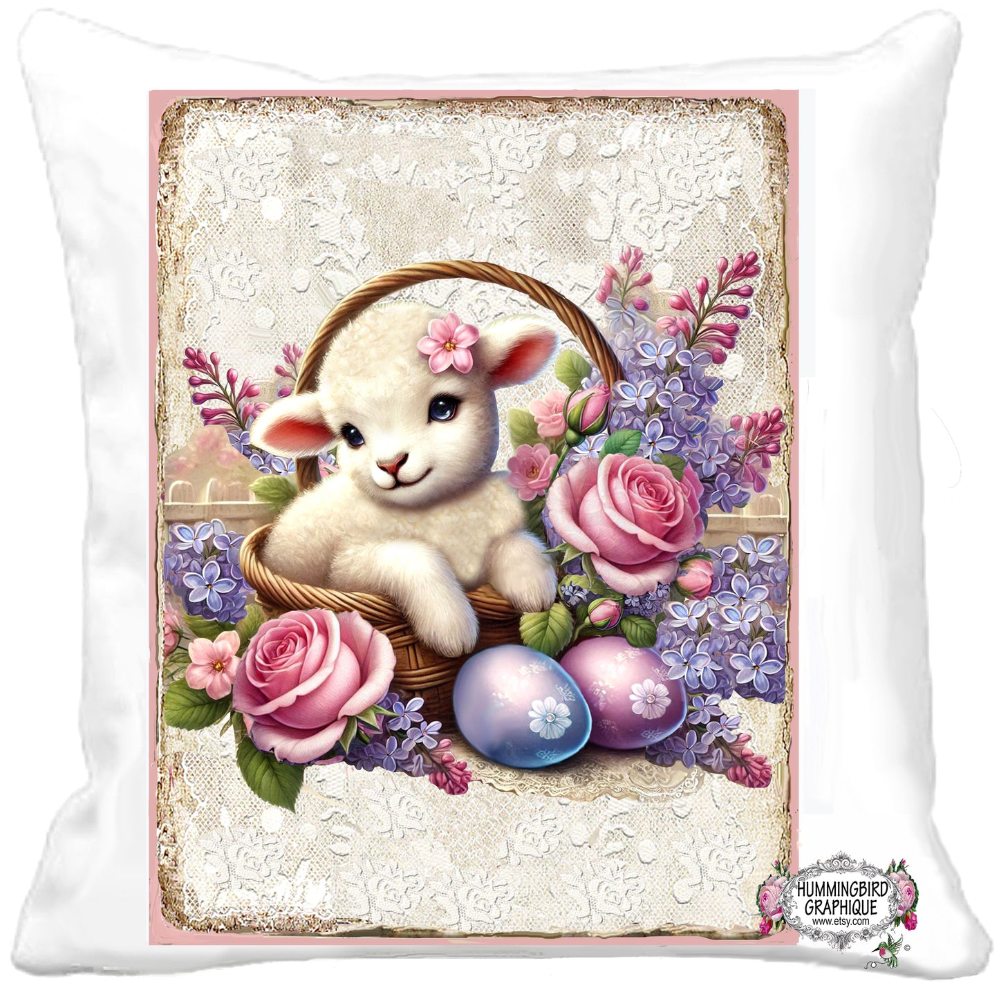 #1222LL BEAUTIFUL BABY LAMB WITH ROSES LILACS EASTER EGGS AND EASTER BASKET - BEAUTIFUL SHABBY IMAGE