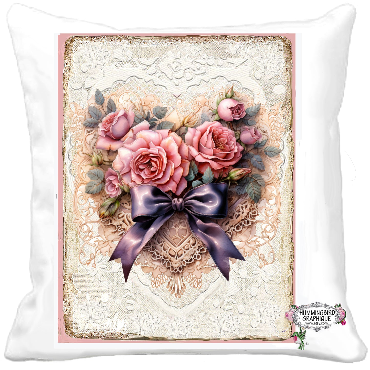 #1224 BEAUTIFUL VALENTINE LACE HEART WITH ROSES AND BOW - BEAUTIFUL SHABBY IMAGE