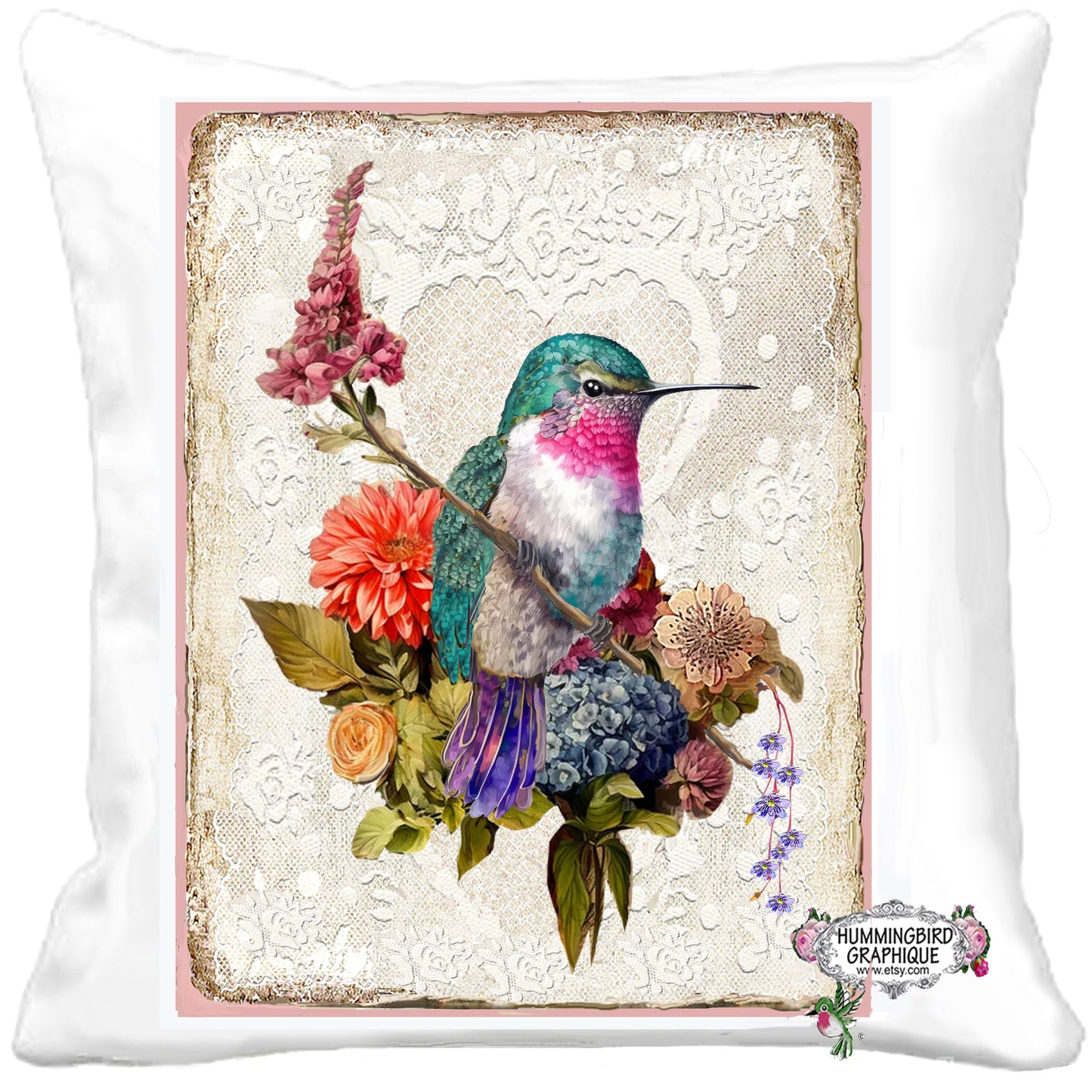 #1206 BEAUTIFUL HUMMINGBIRD FLOWERS AND LACE - BEAUTIFUL SHABBY IMAGE