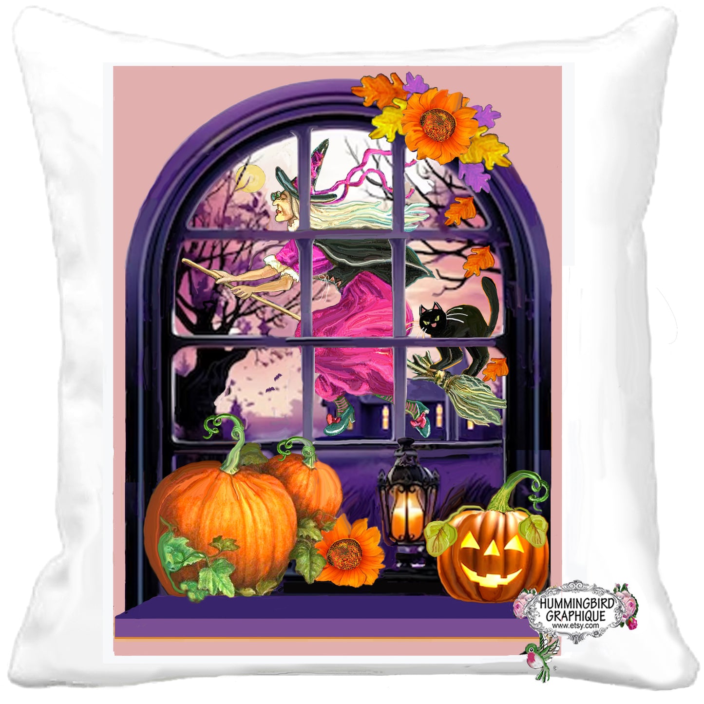 #1210 MÉCHANTE SORCIÈRE DANS UNE FENÊTRE VIOLETTE SUR SON BALAI ET SON CHAT NOIR - RÉCOLTE D'AUTOMNE