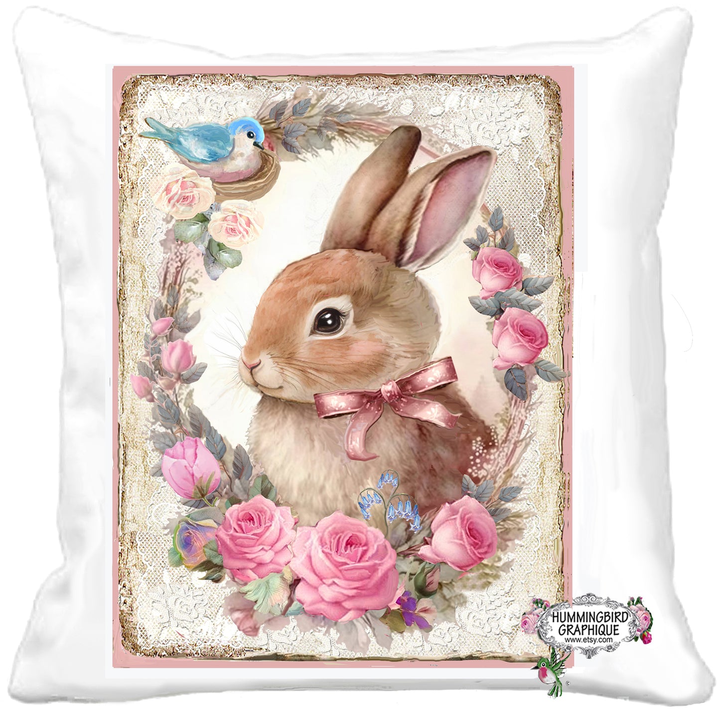 #1225 PRECIOUS BUNNY WITH BLUEBIRD IN NEST WITH ROSES - BUNNIES