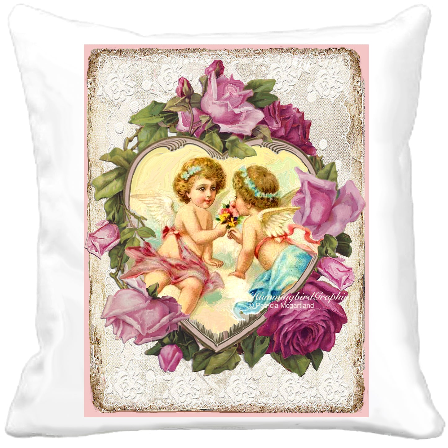 #582 CHARMING CUPIDS IN HEART WITH ROSES - BEAUTIFUL SHABBY IMAGE