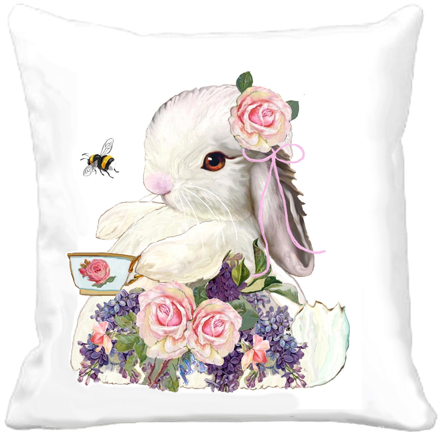 #613 PRÉCIEUX BÉBÉ LAPIN AVEC UNE TASSE DE THÉ, UNE ABEILLE ET DES ROSES - LAPINS