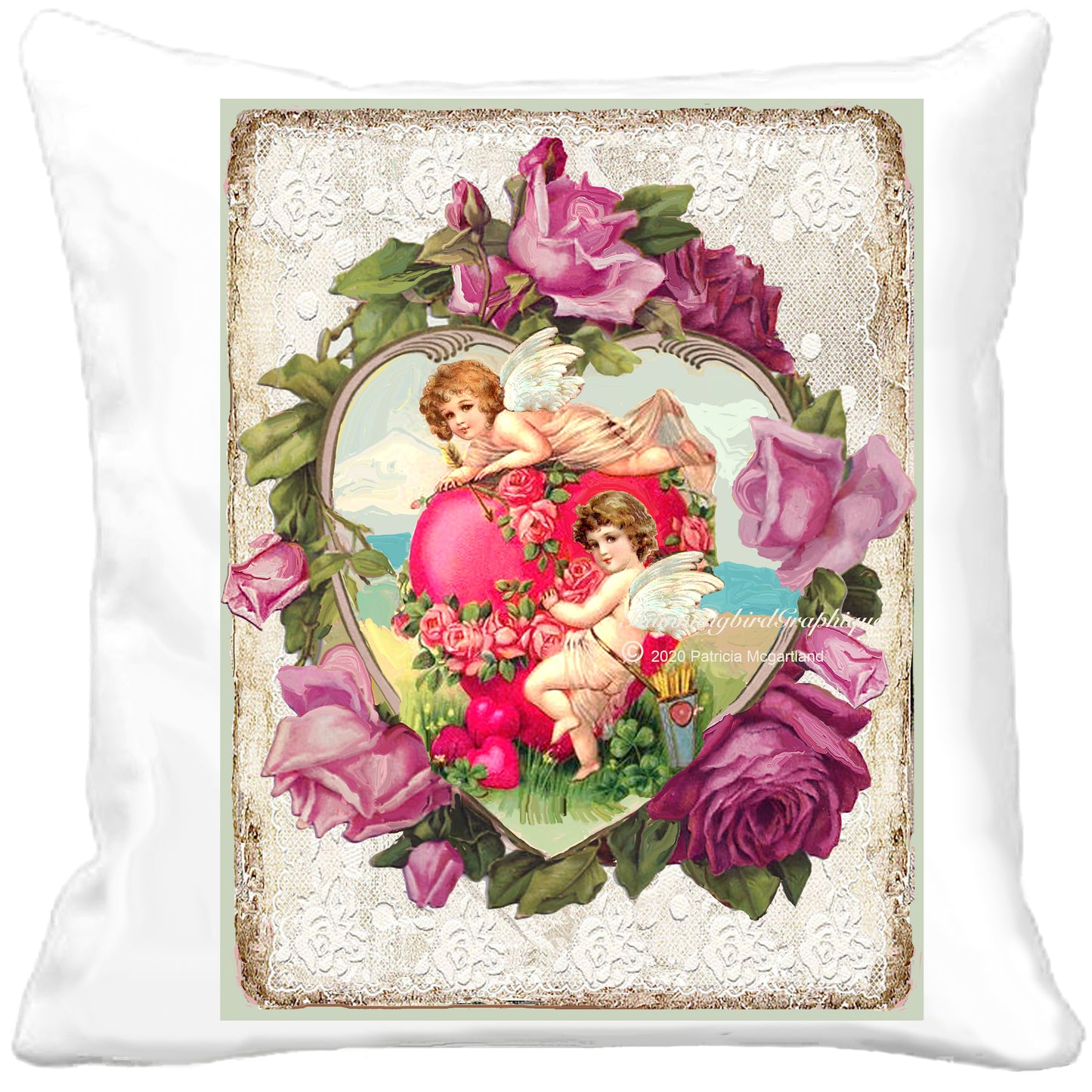#583 PRECIOUS CUPIDS IN HEART WITH ROSES AND LACE - BEAUTIFUL SHABBY IMAGE