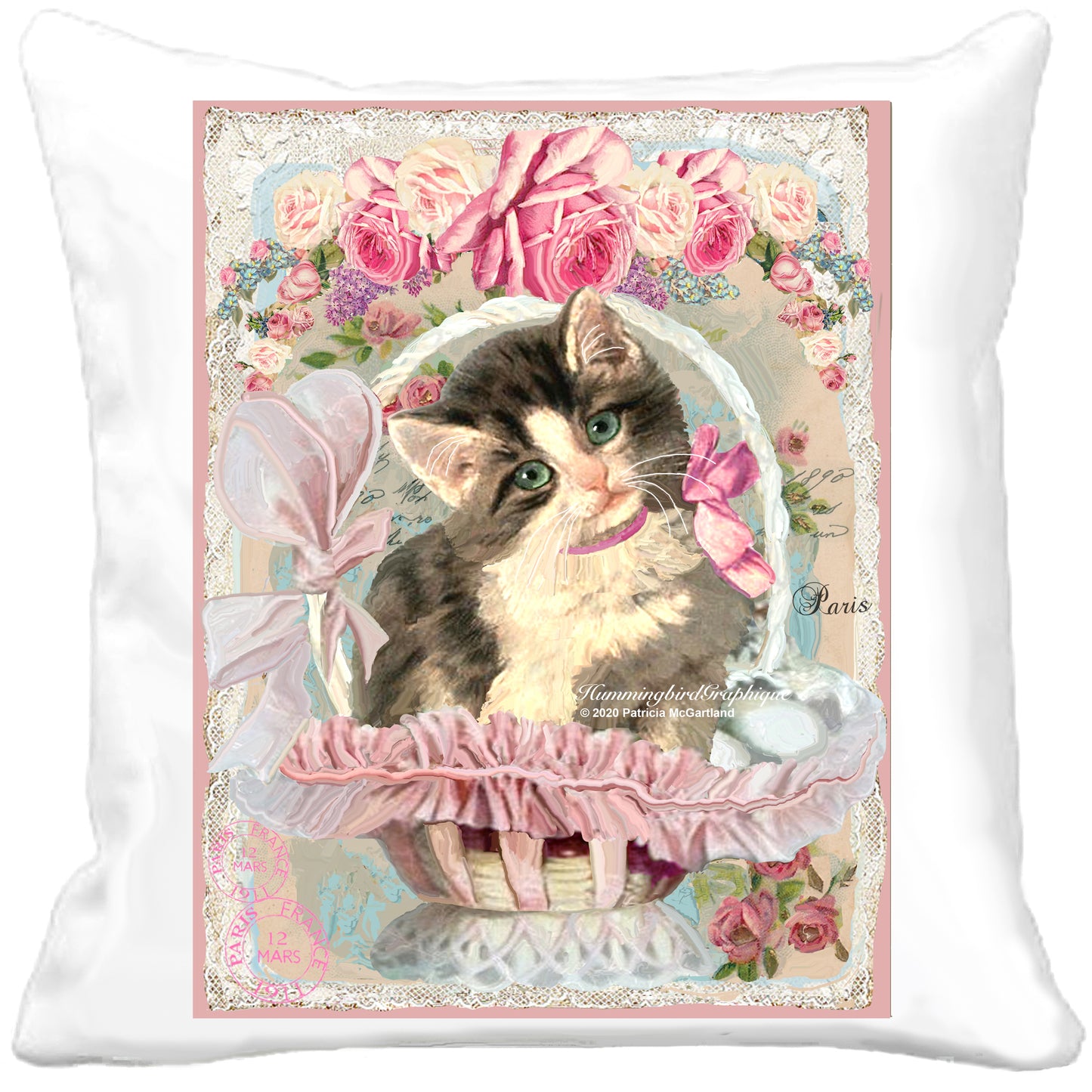 #591 BEAUTIFUL KITTEN IN BASKET WITH ROSES- BEAUTIFUL SHABBY IMAGE