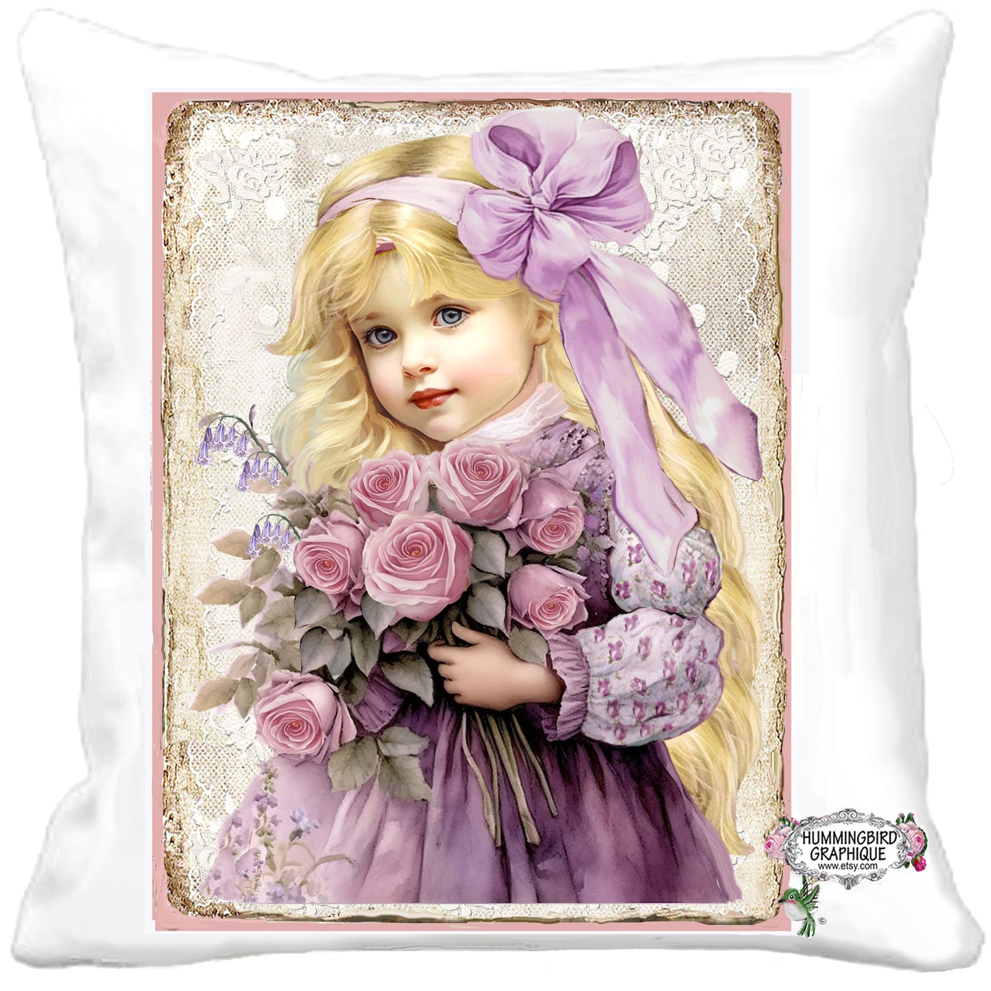 #1233 BEAUTIFUL LITTLE VICTORIAN GIRL WITH ROSES AND BLUEBELLS - BEAUTIFUL SHABBY IMAGE