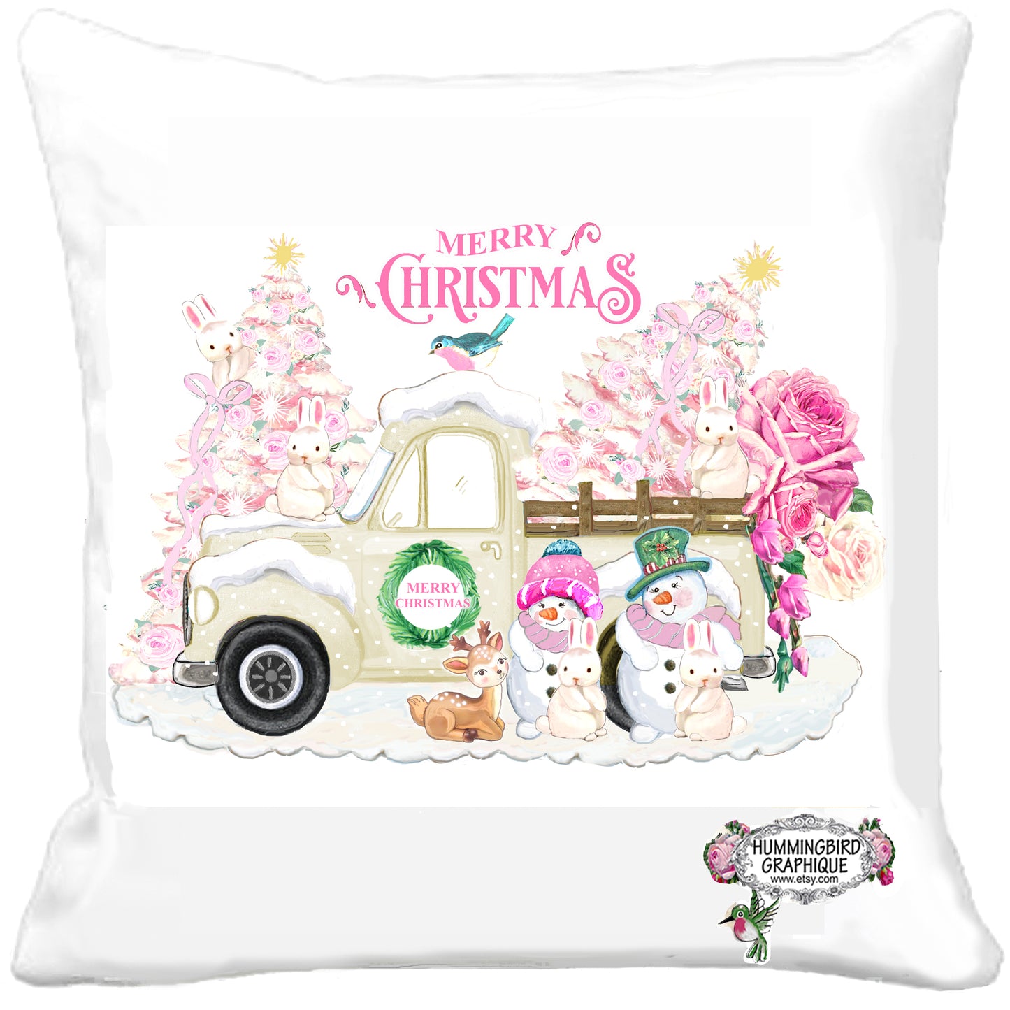 #1155 CAMION JOYEUX NOËL AVEC DES BONHOMME DE NEIGE, UN ARBRE DE NOËL ROSE ET DES LAPINS - NOËL