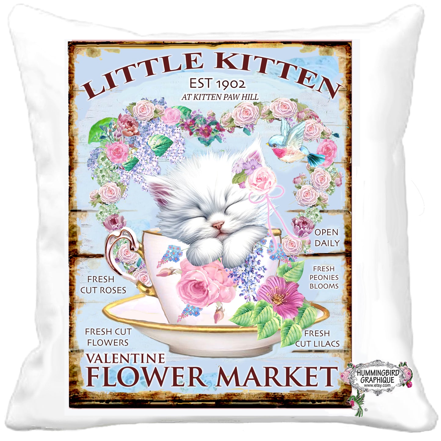 #1230 LITTLE KITTEN VALENTINE FLOWER MARKET WOODEN SIGN- COUNTRY IMAGE