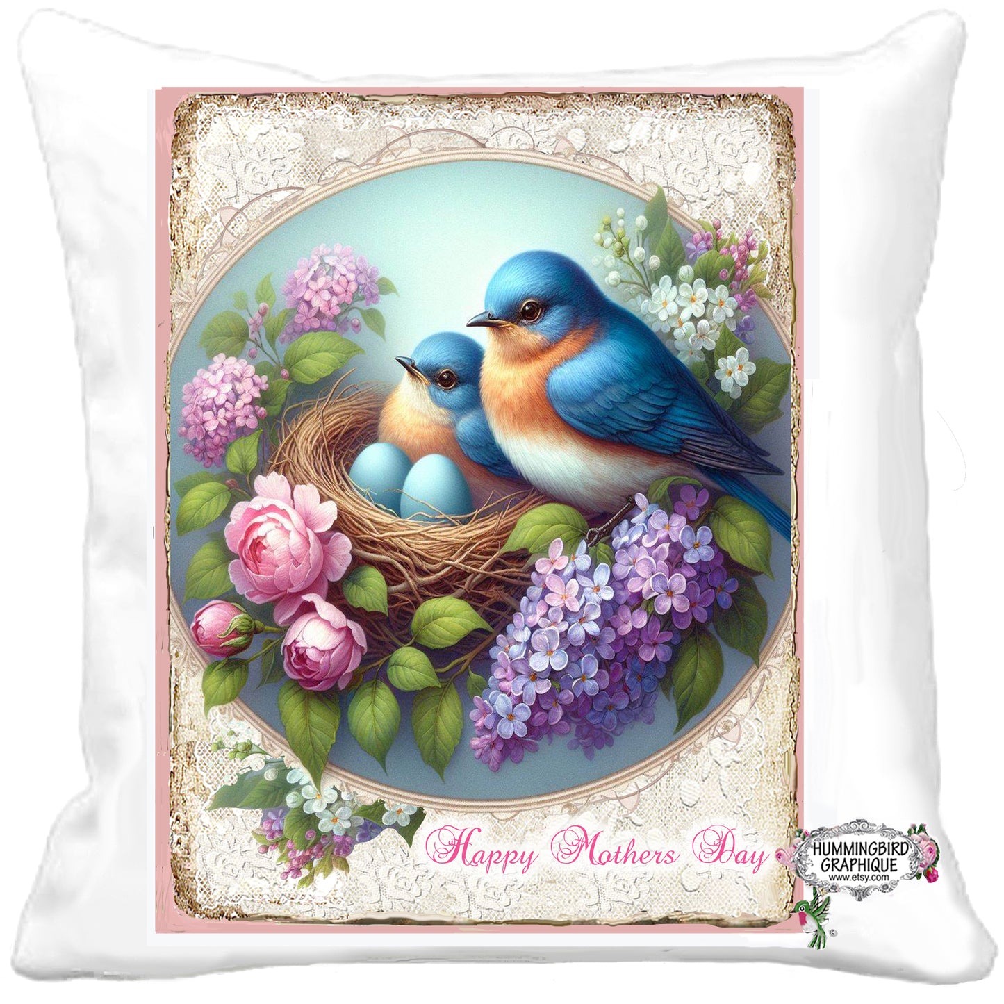 #1245 BEAUTIFUL BLUEBIRDS IN NEST WITH NEST LILACS AND ROSES- BEAUTIFUL SHABBY IMAGE