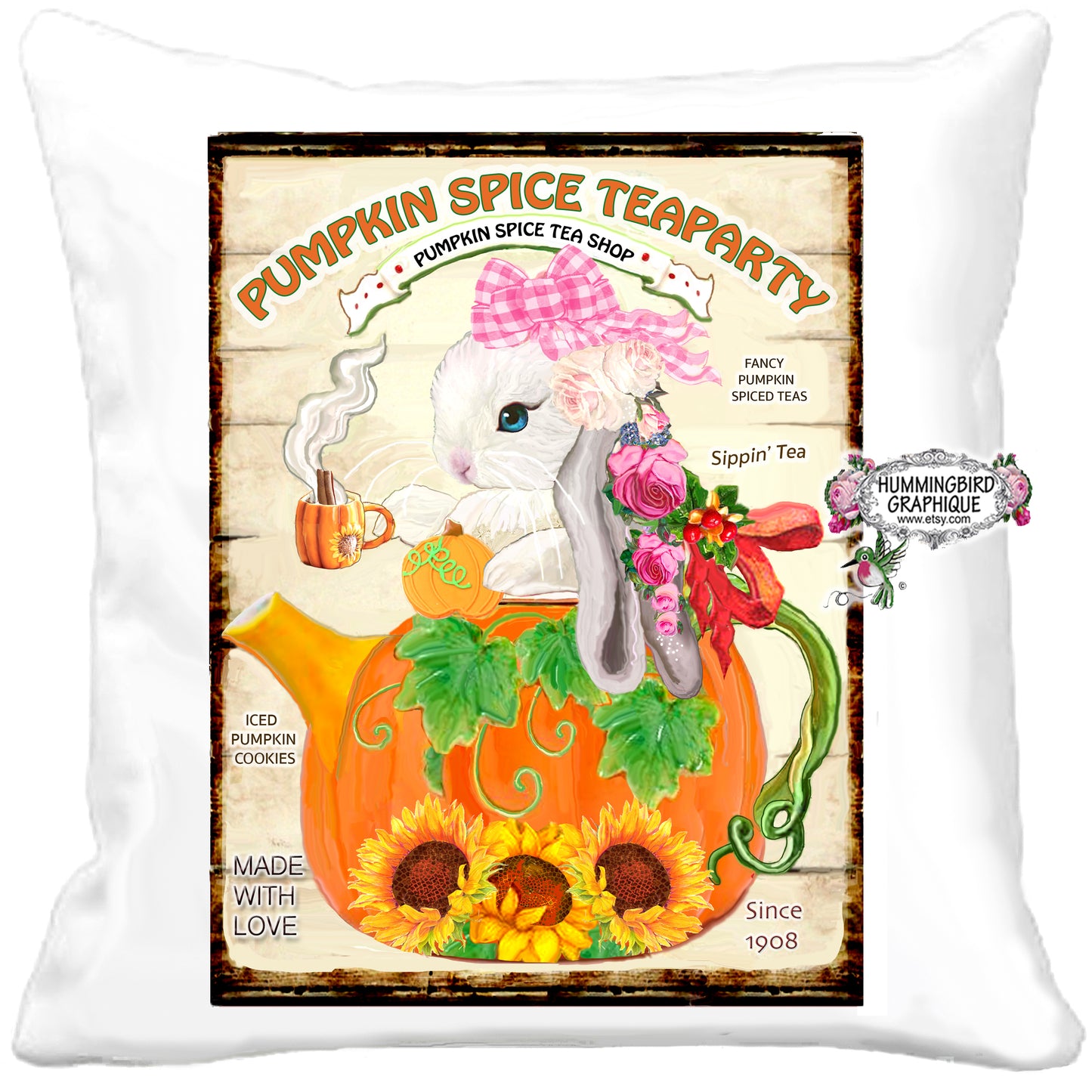 #1142 BÉBÉ LAPIN DANS UNE THÉIÈRE AUX ÉPICES DE CITROUILLE AVEC TASSE À THÉ - LAPINS