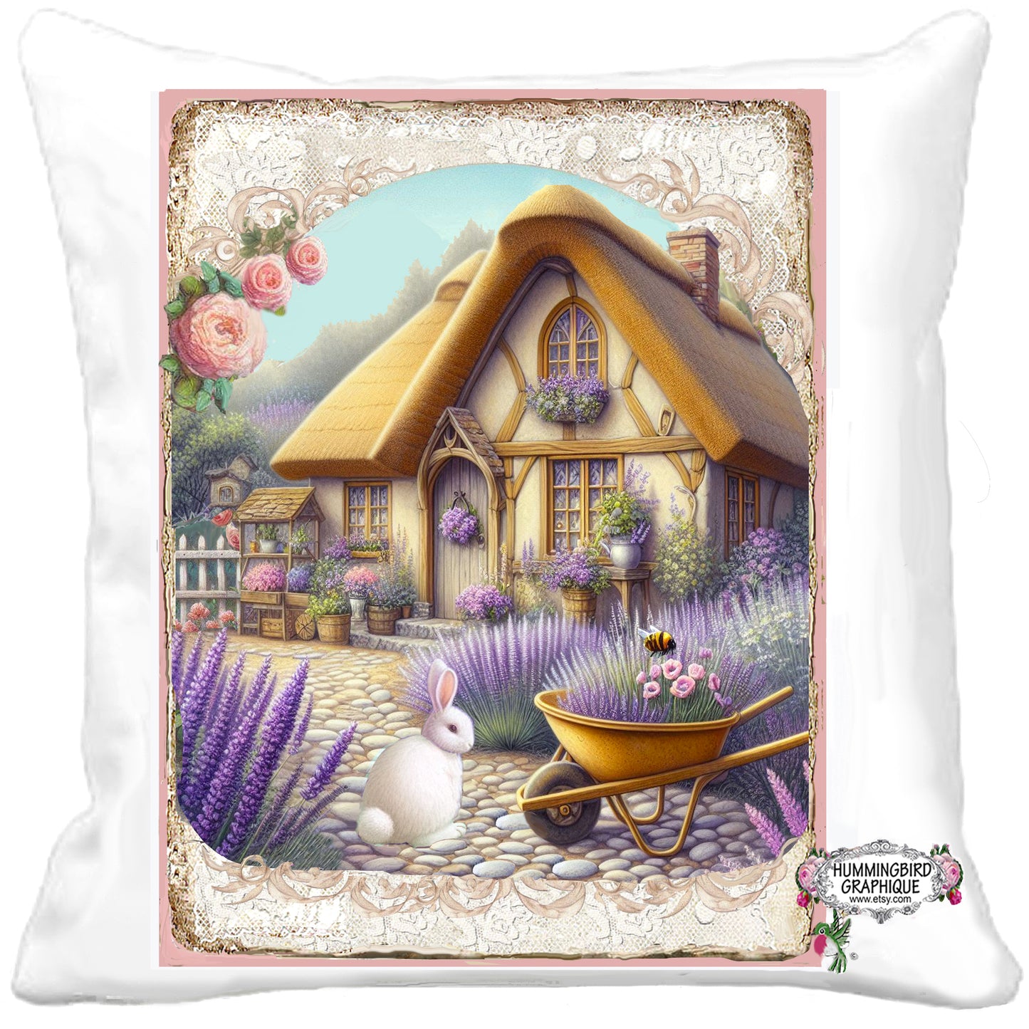 #1257 BUNNY IN MY LAVENDER COTTAGE GARDEN - Beautiful Shabby Image