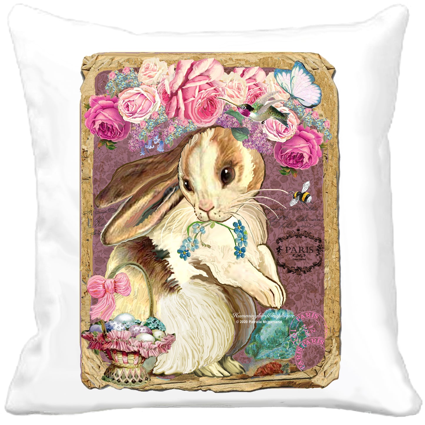 #598 BEAU LAPIN AVEC PANIER DE PÂQUES ROSES ET COLIBRI - LAPINS